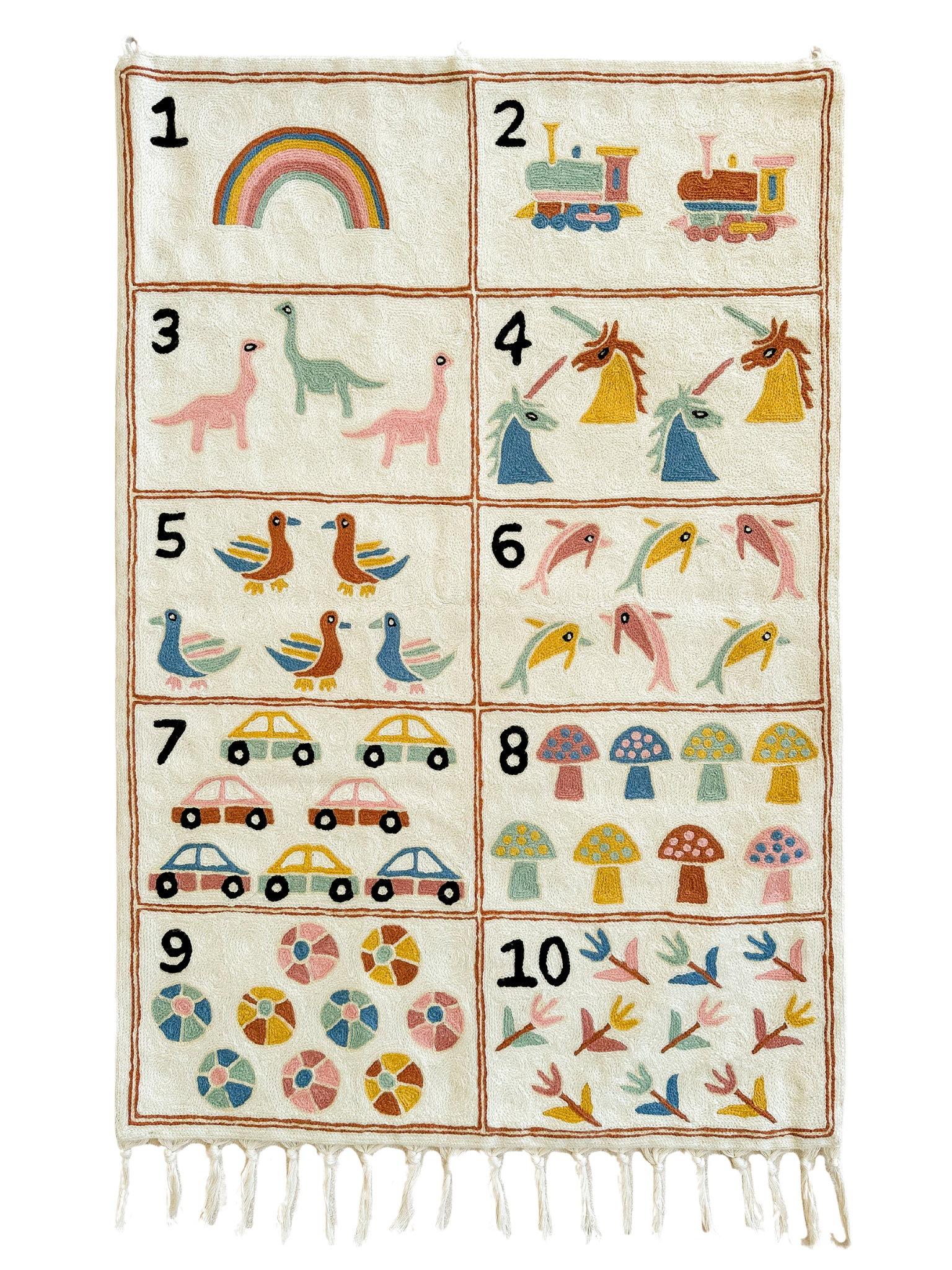 Handmade numbers 123 crewel wall hanging tapestry (feat. dinosaurs, unicorns, flowers, cars, trains and rainbows) | Aru - Moppet