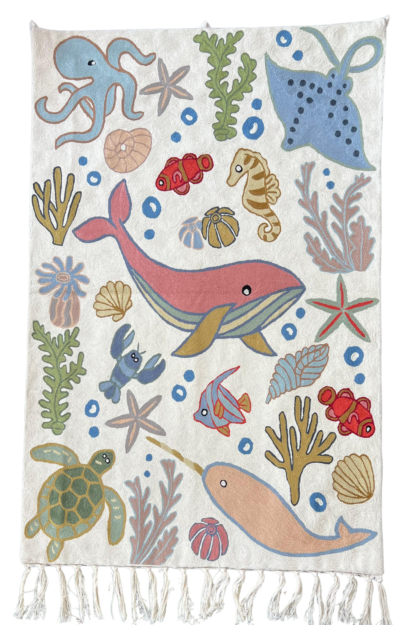 Handmade folk art Ocean crewel wall hanging tapestry | Sumbal - Moppet