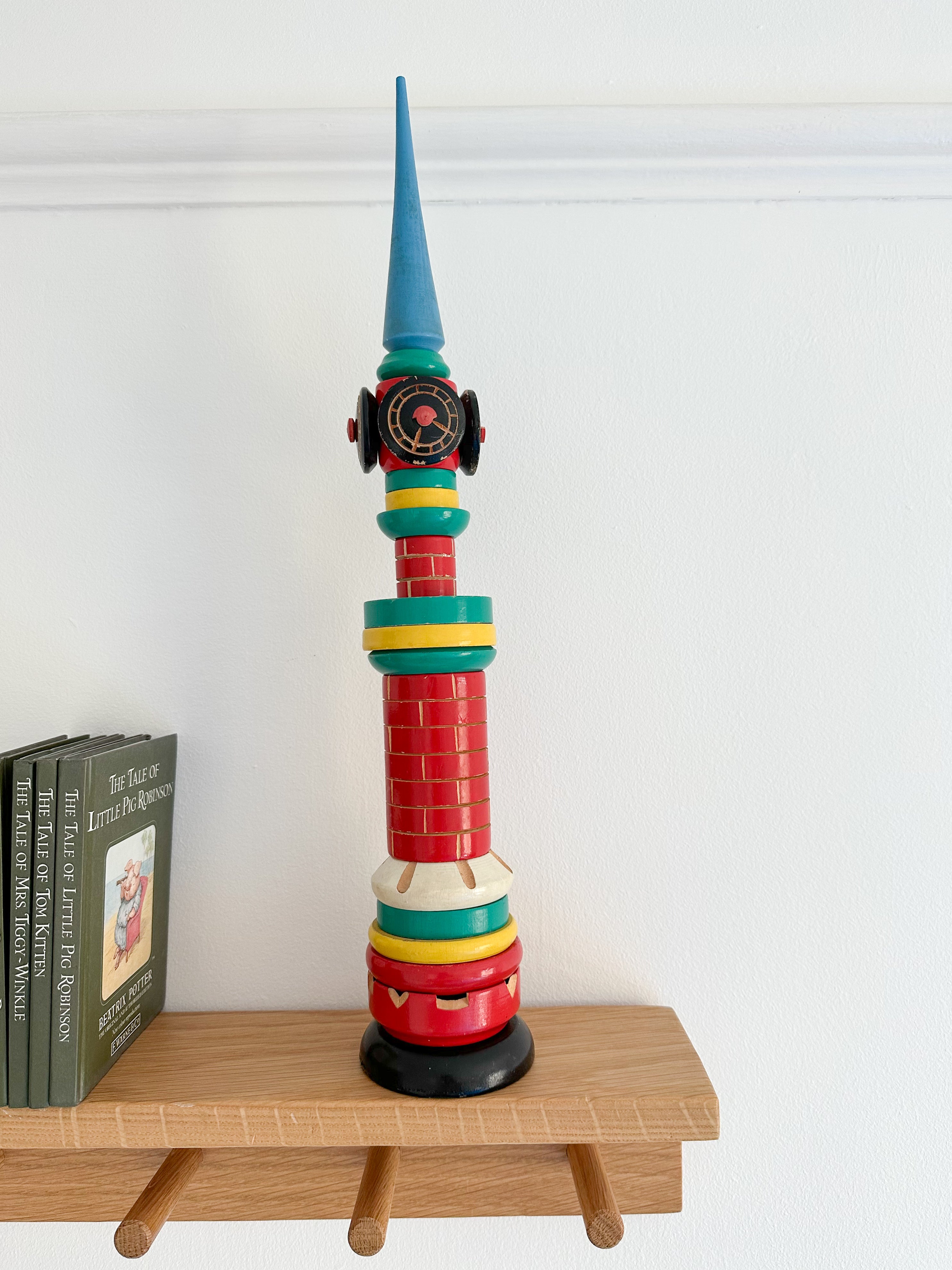 Vintage 1980s wooden stacking clock tower - Moppet