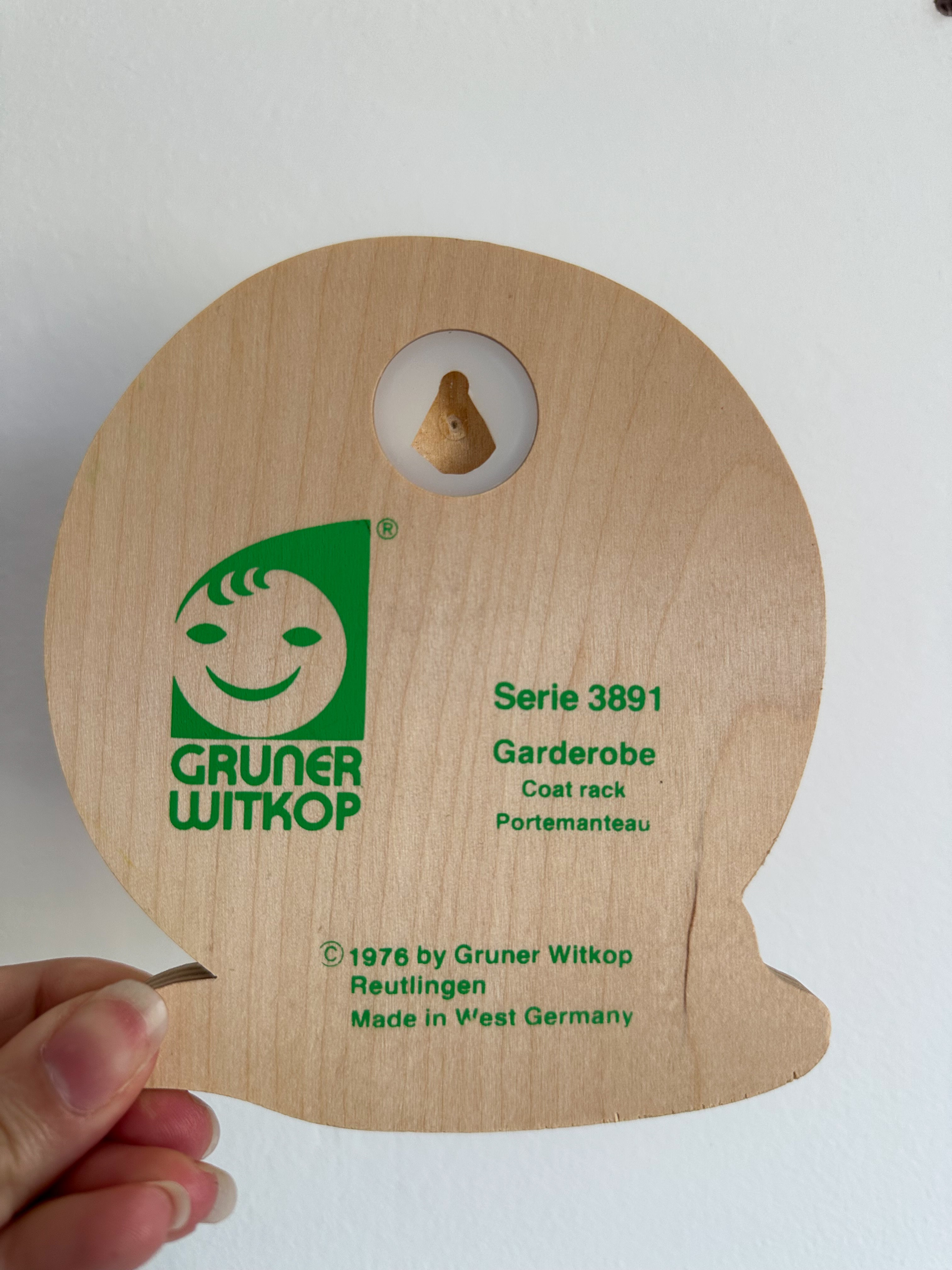 Vintage 1976 German Moon wooden peg rail coat hook, by Gruner Witkop