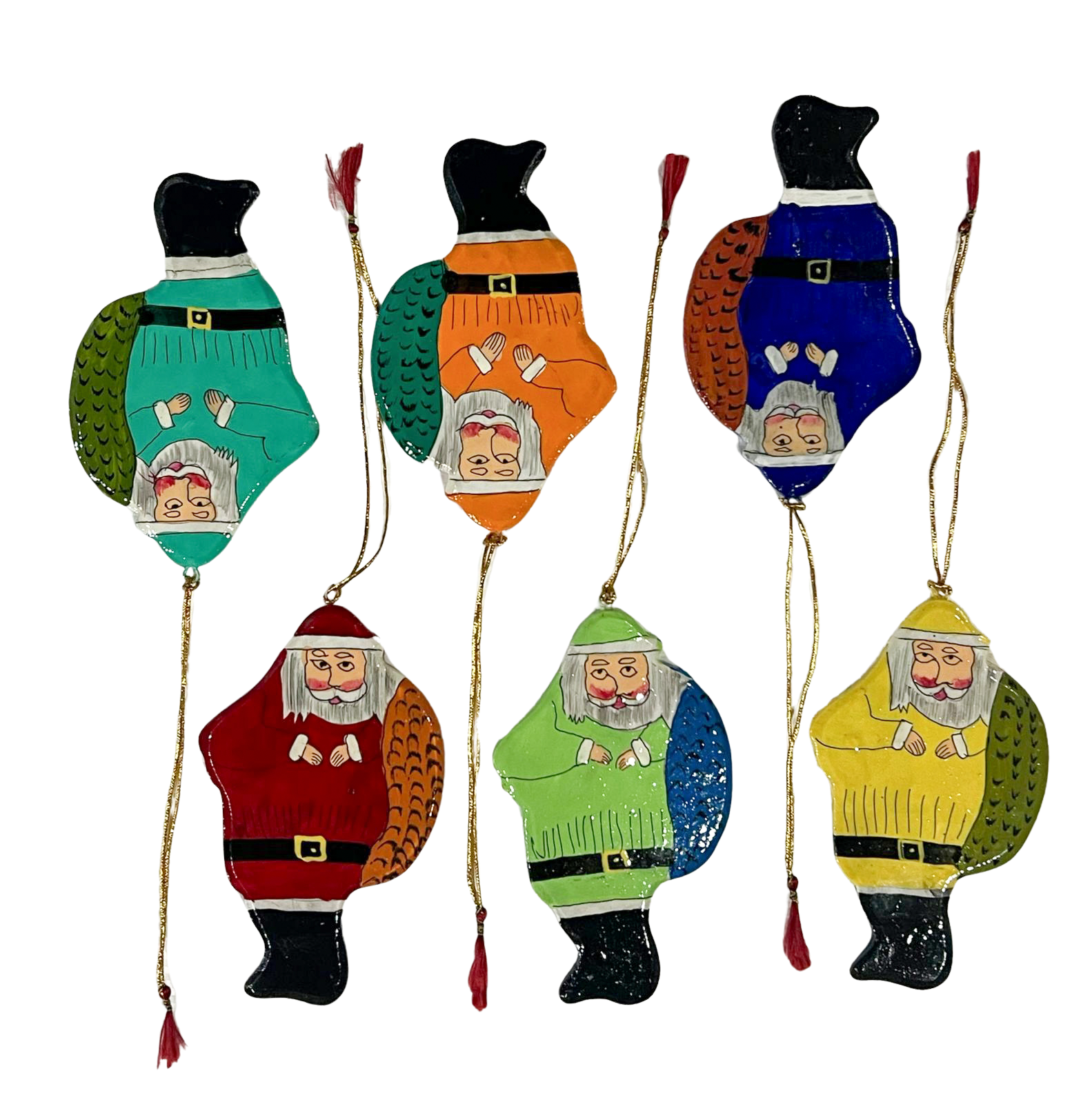 Set of six hand-painted and laquered papier-mâché folk art colourful hanging Father Christmas / Santa decorations - Moppet