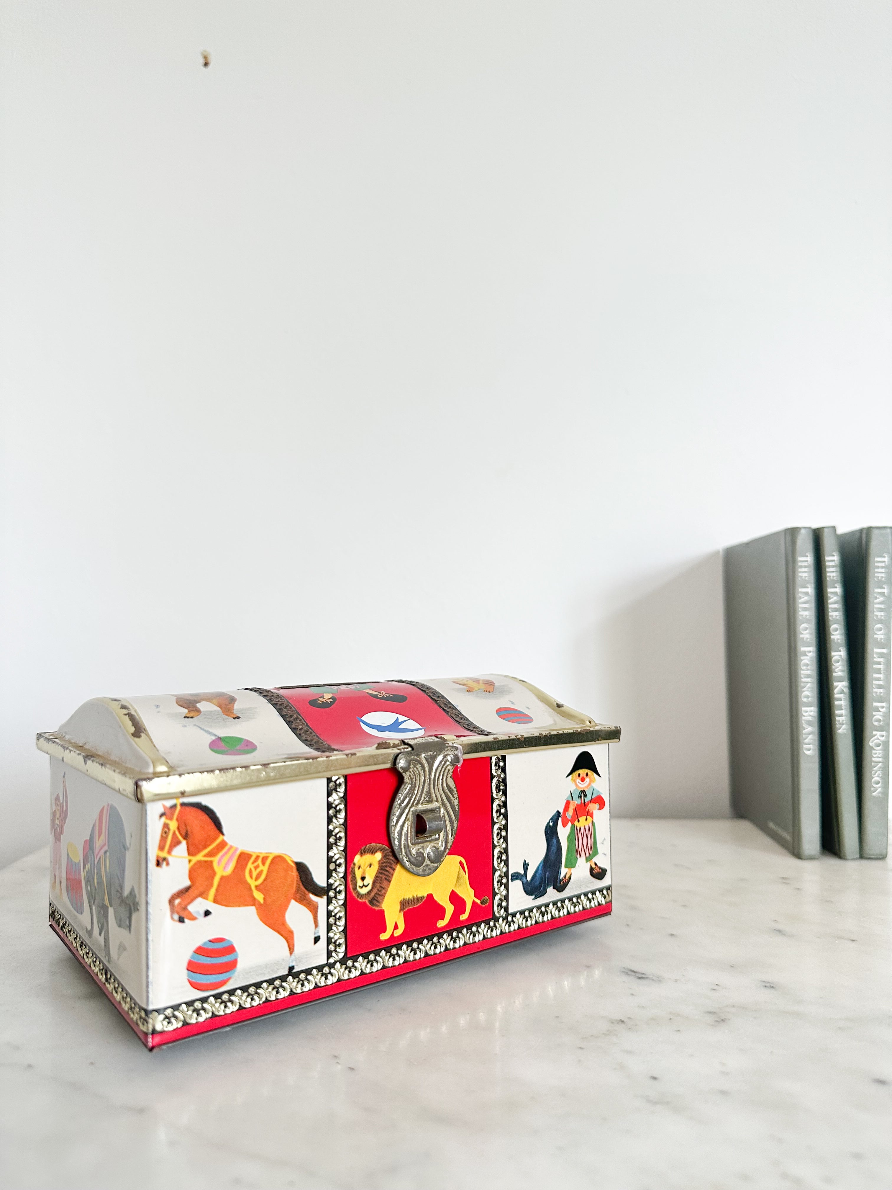 Vintage 1950s circus treasure chest tin money box / piggy bank by Bluebird Toffee - Moppet