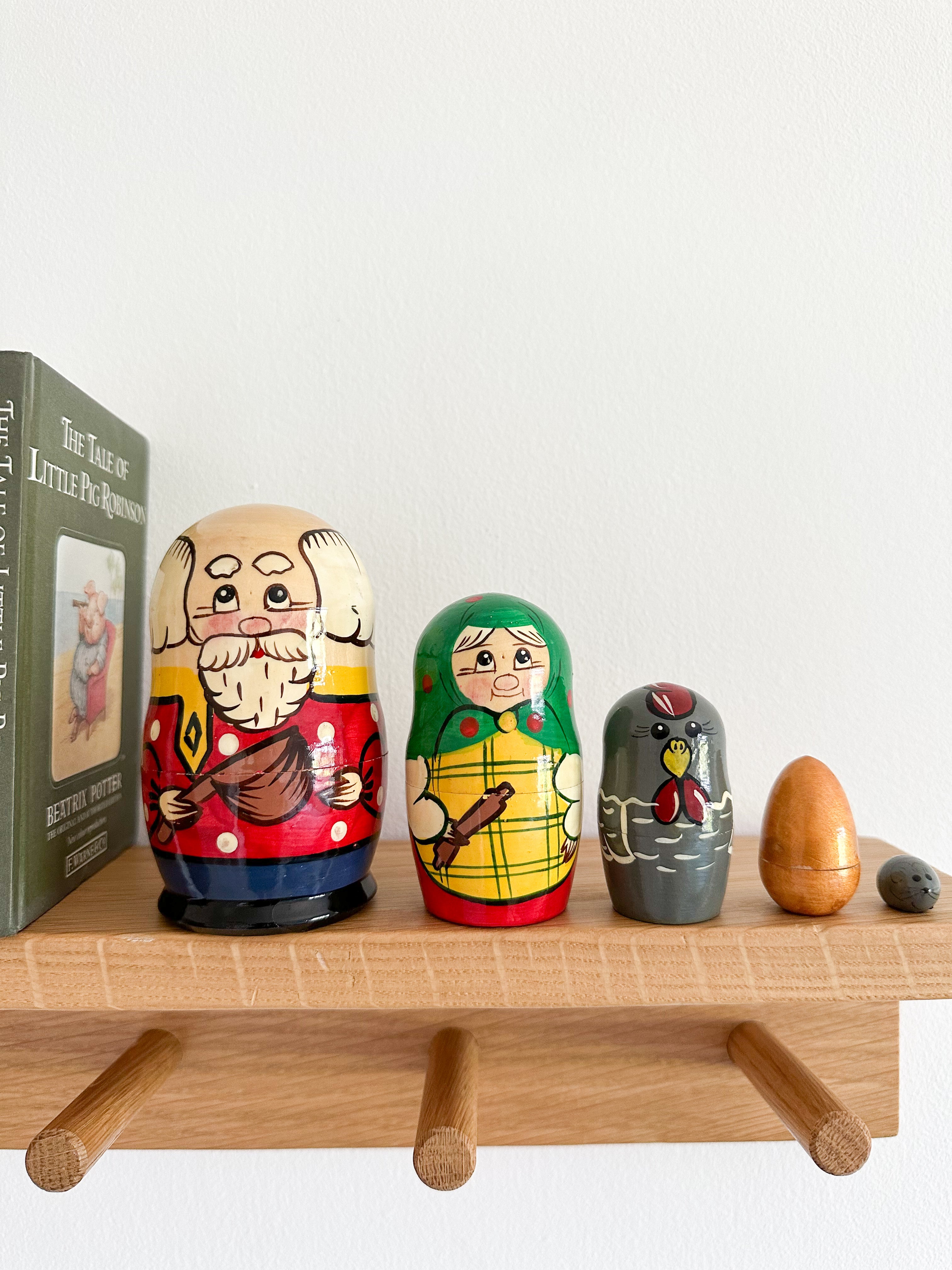 Vintage wooden nesting Russian Matryoshka dolls of the Aesop Fable 'The Hen that Laid the Golden Egg' - Moppet