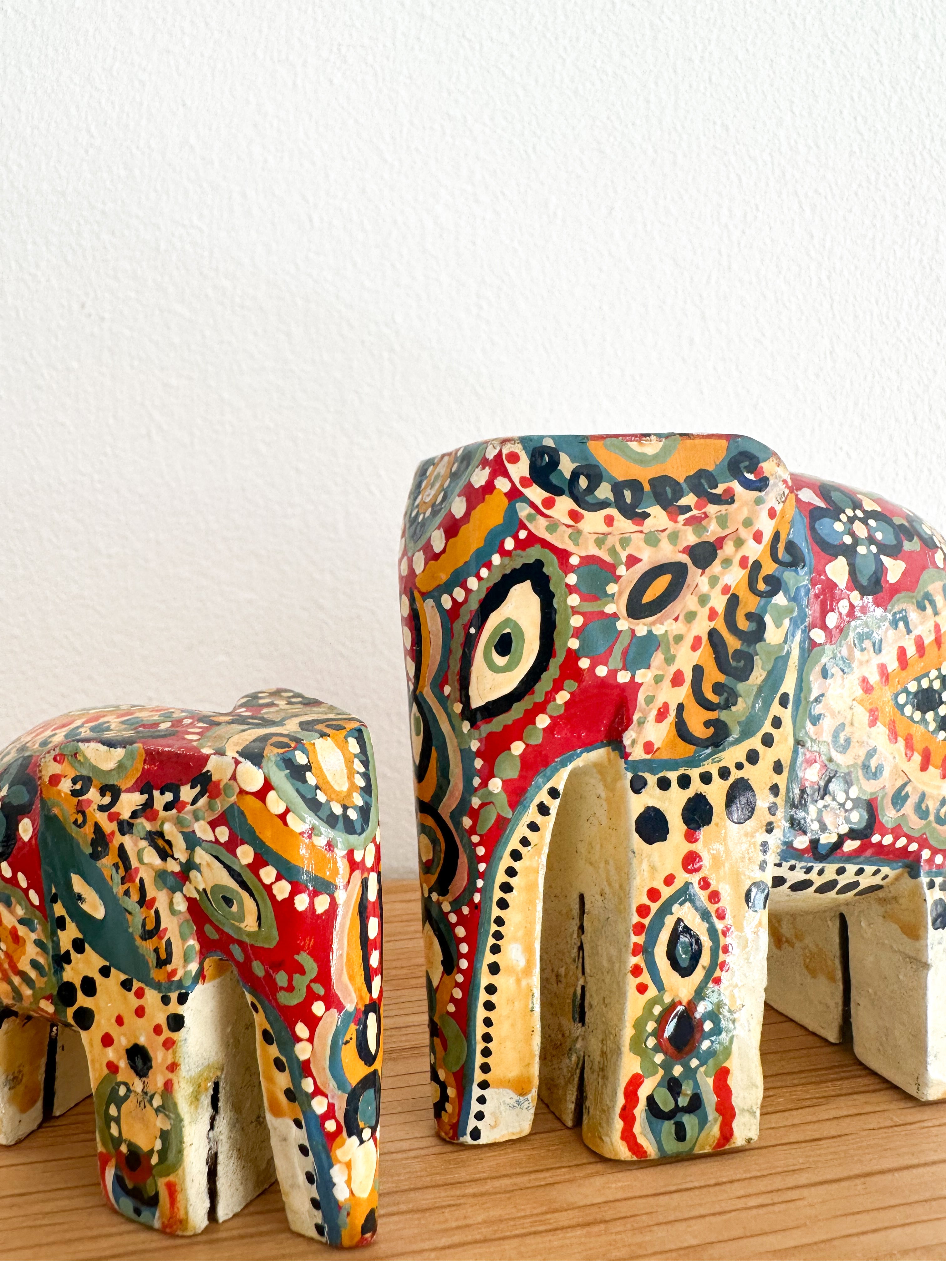 Vintage 1950s hand-painted folk-art wooden elephant family of four - Moppet