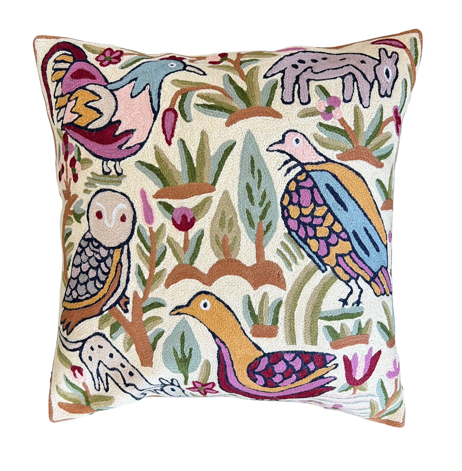 Handmade crewel embroidered cushion cover | Kolahoi jungle animal safari - Moppet