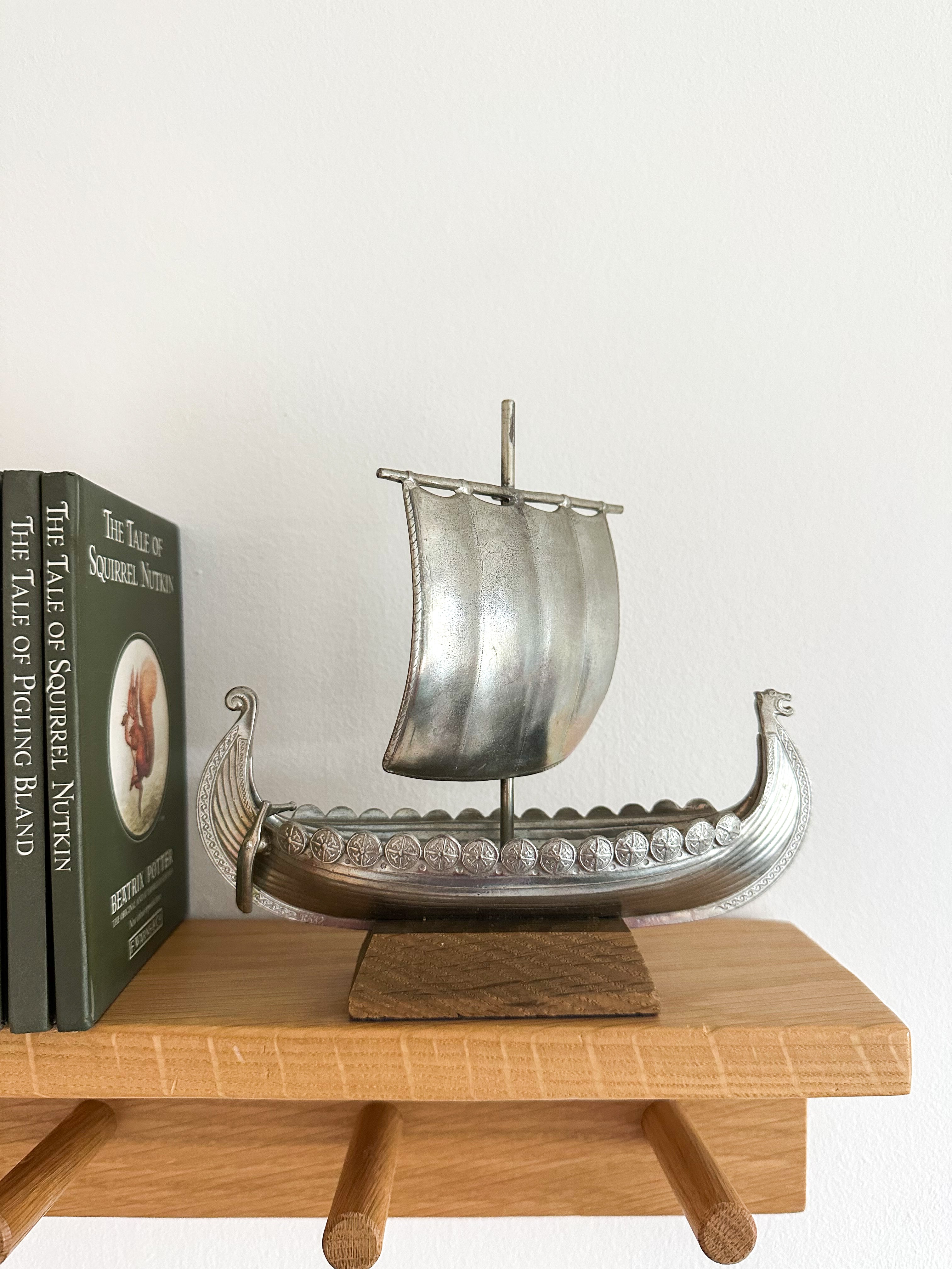 Vintage Norwegian pewter Viking ship ornamet, by designer Arne Haugrud - Moppet