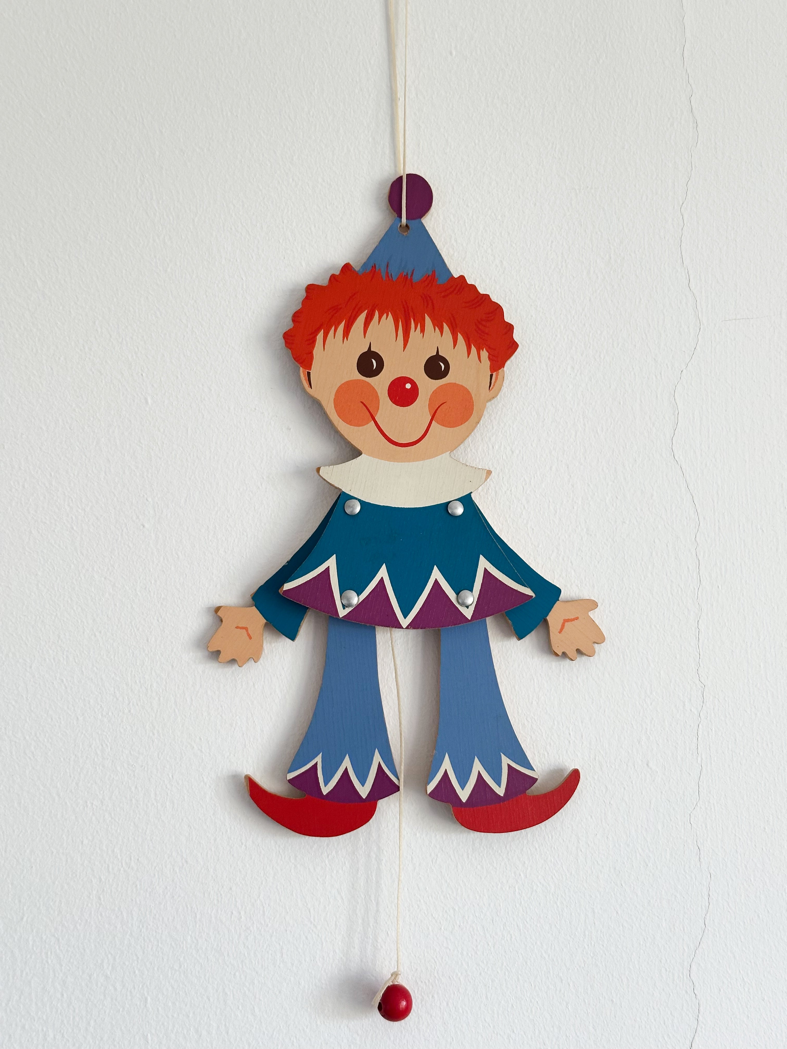 Vintage wooden 1960s German jumping-jack Clown pull toy, by Mertens Kunst