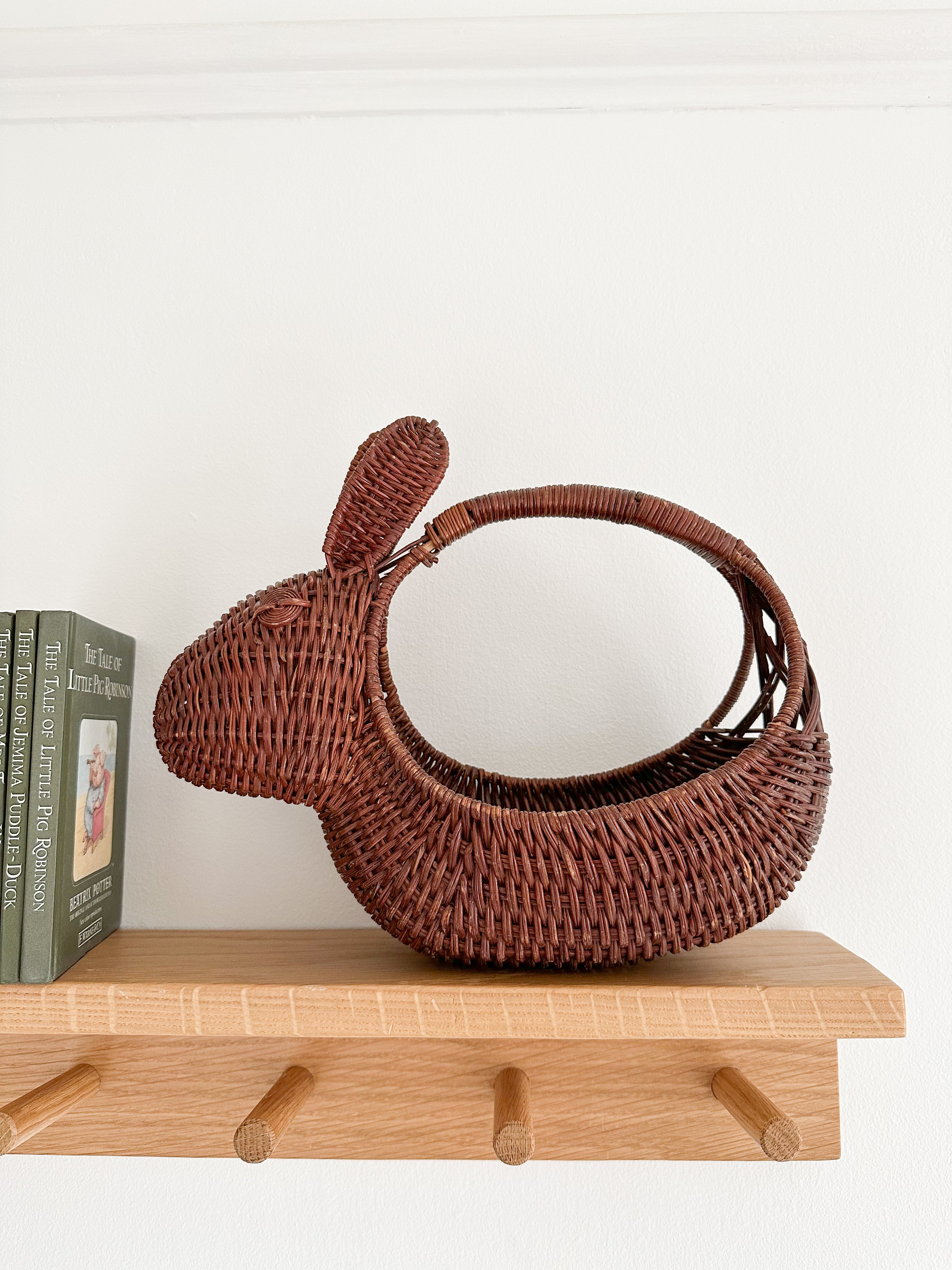 Vintage 1980s wicker/rattan Easter Bunny/rabbit basket with handle - Moppet