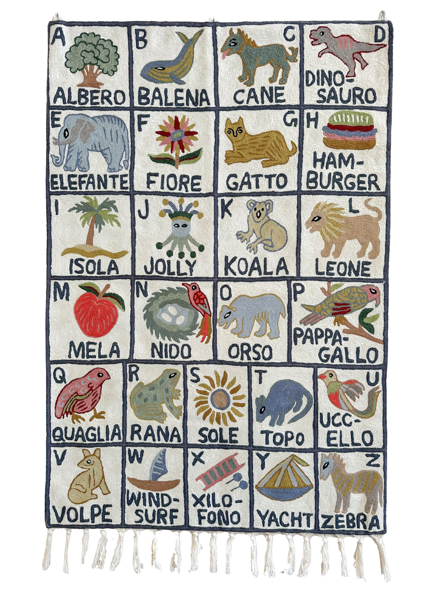 Handmade Italian alphabet ABC (l'alfabeto italiano) crewel wall hanging tapestry | Sumbal - Moppet