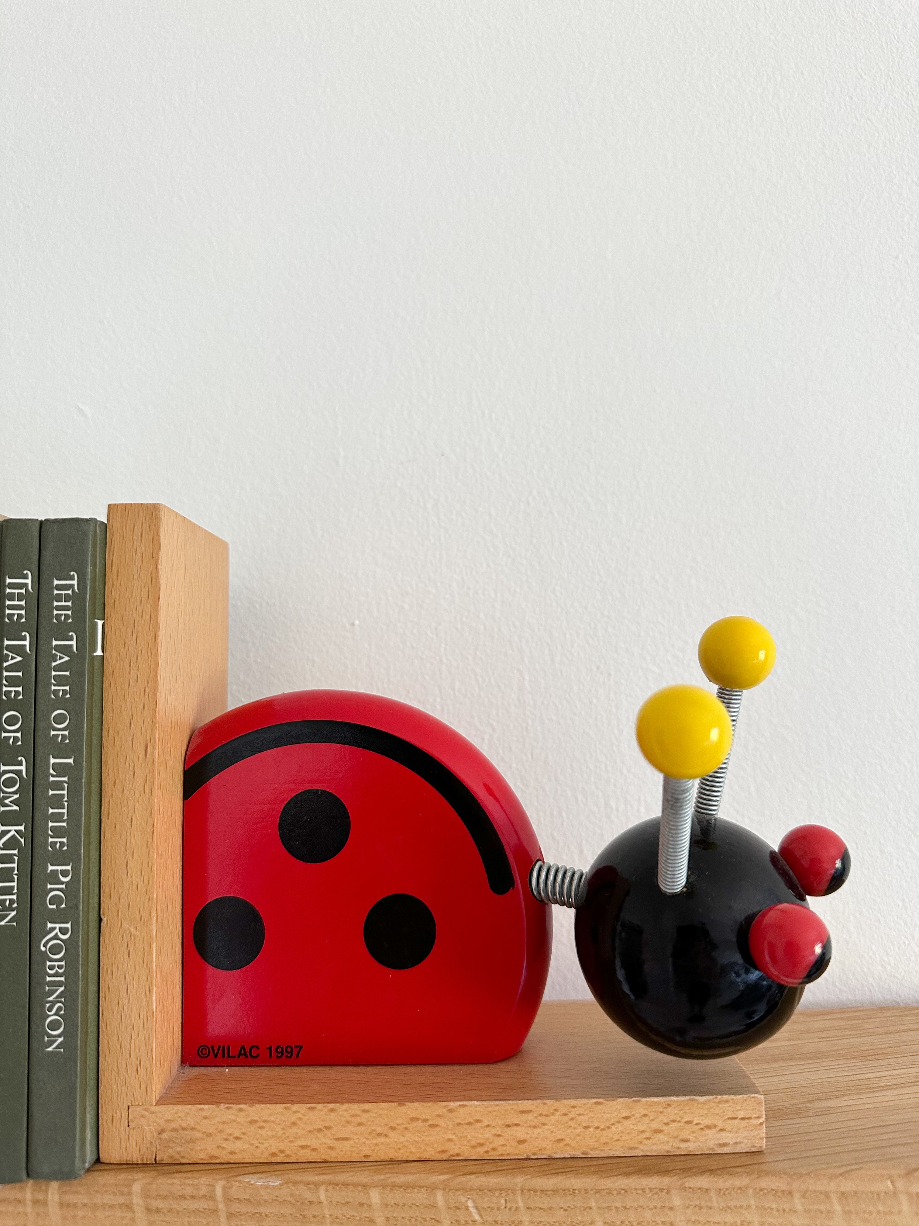 Pair of rare vintage French wooden frog and ladybird/ladybug bookends, red and green, by Vilac - Moppet