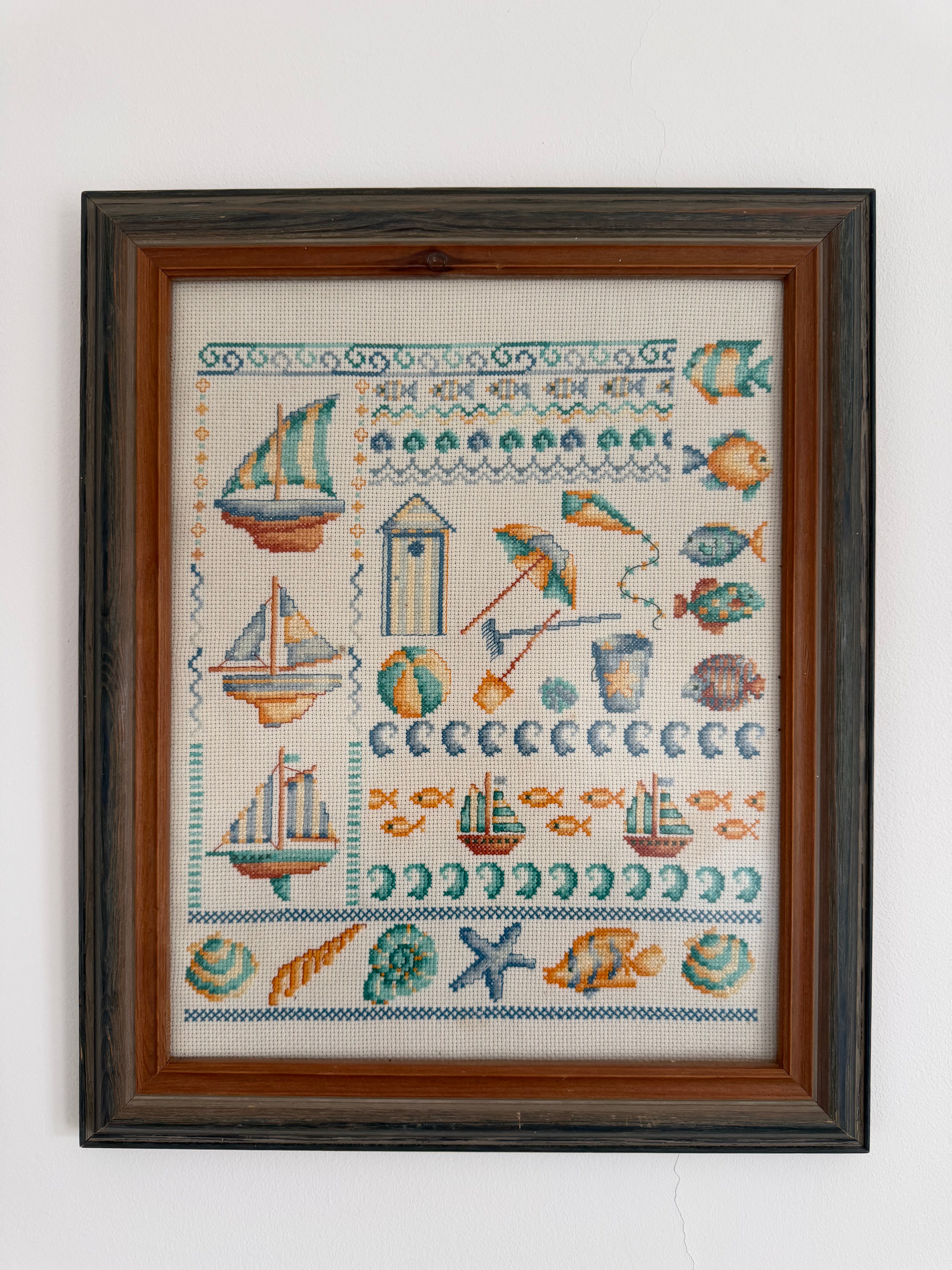 Vintage framed cross stitch beach/seaside sampler