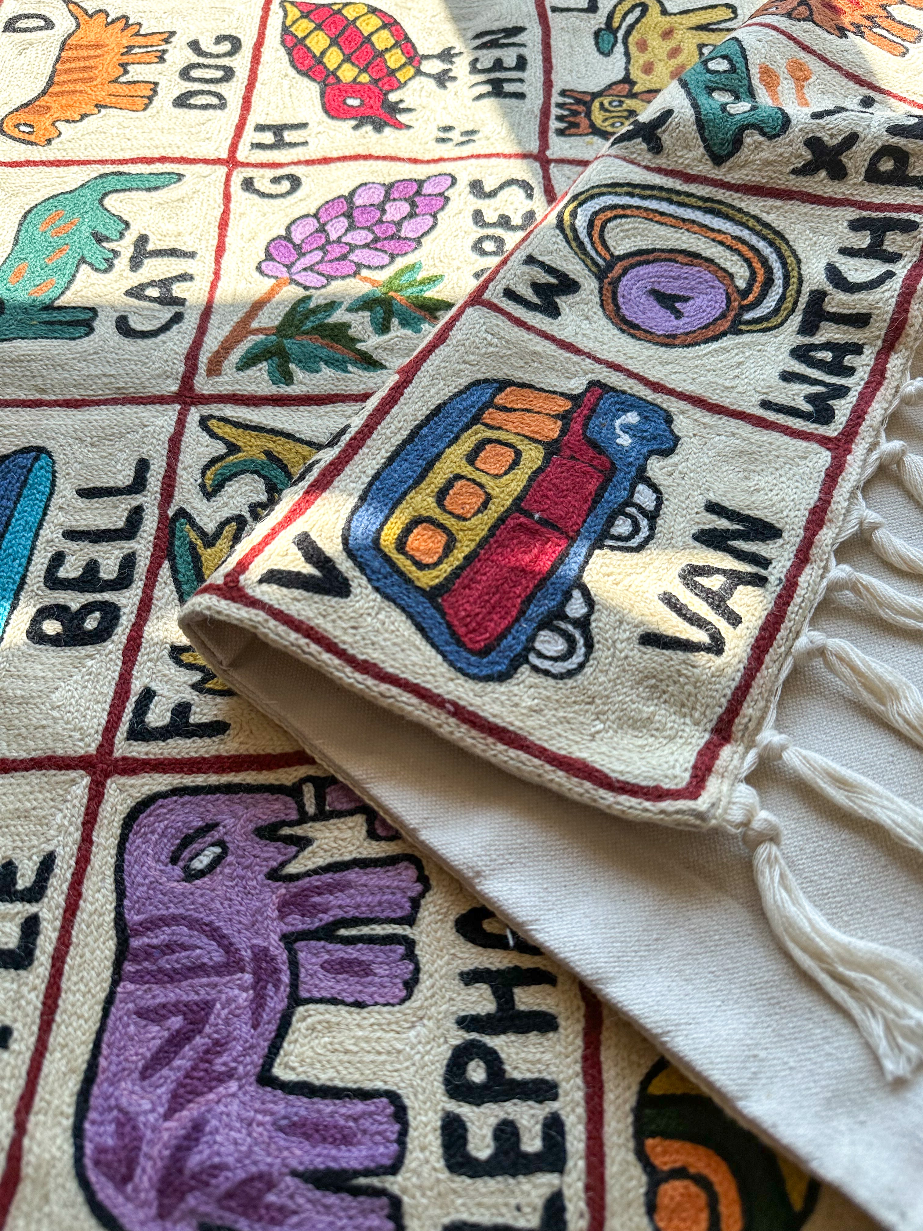 Handmade French alphabet ABC (l'alphabet français) crewel wall hanging tapestry | Nishat - Moppet