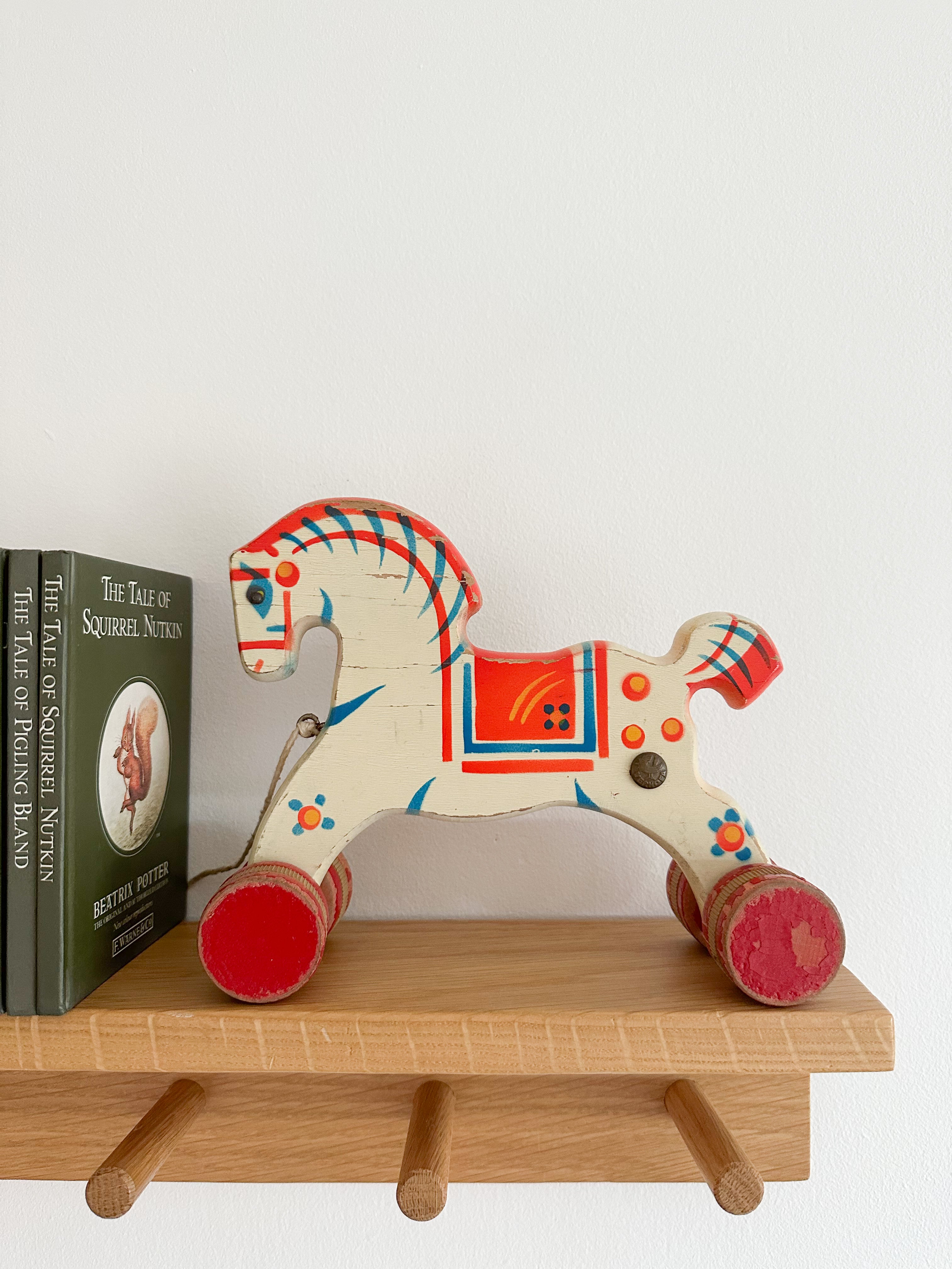 Vintage 1950s German wooden horse pull toy in red and white, by Verhofa/Gecevo - Moppet