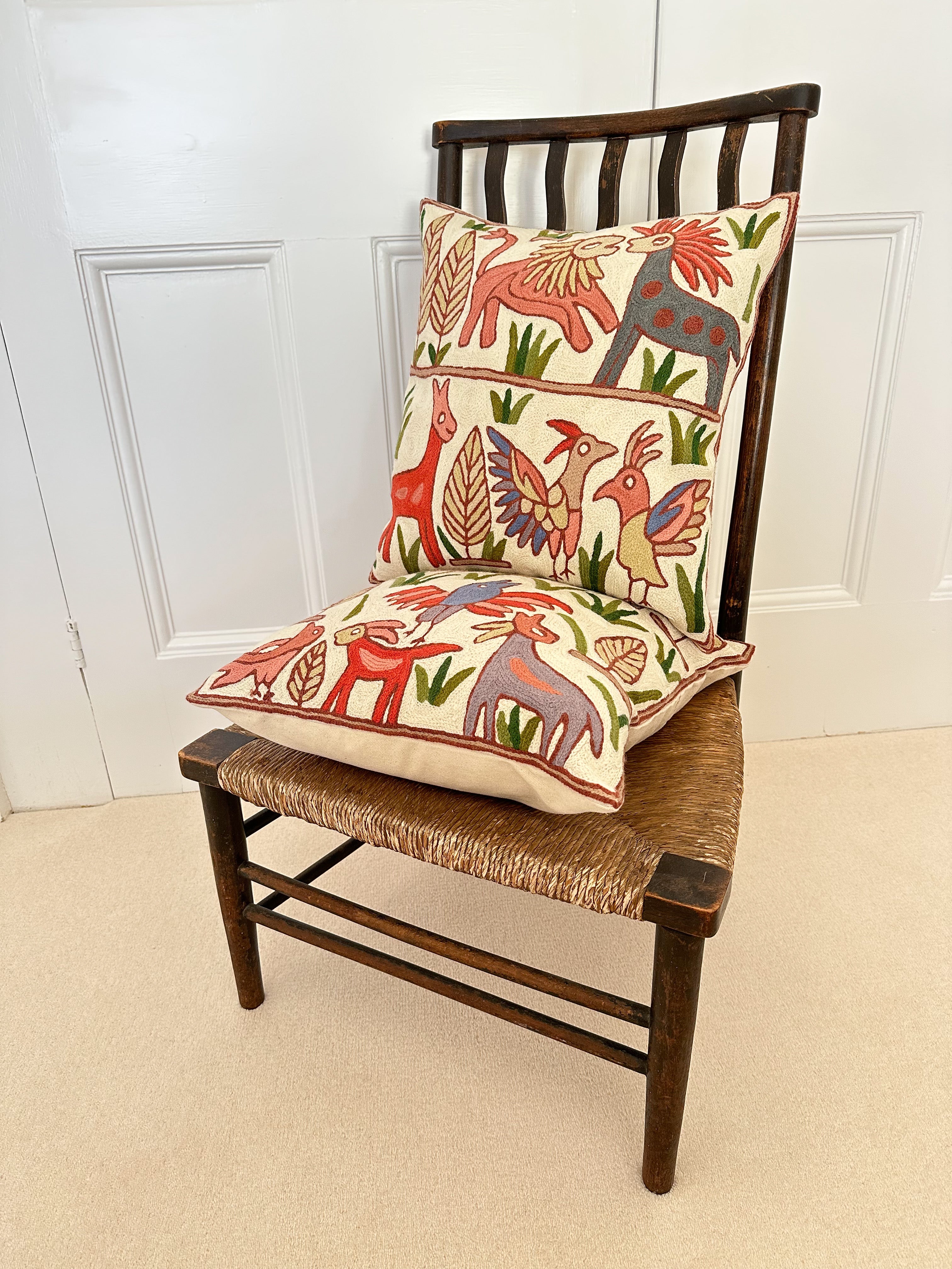 Handmade crewel embroidered cushion cover | Tulian jungle animal safari - Moppet
