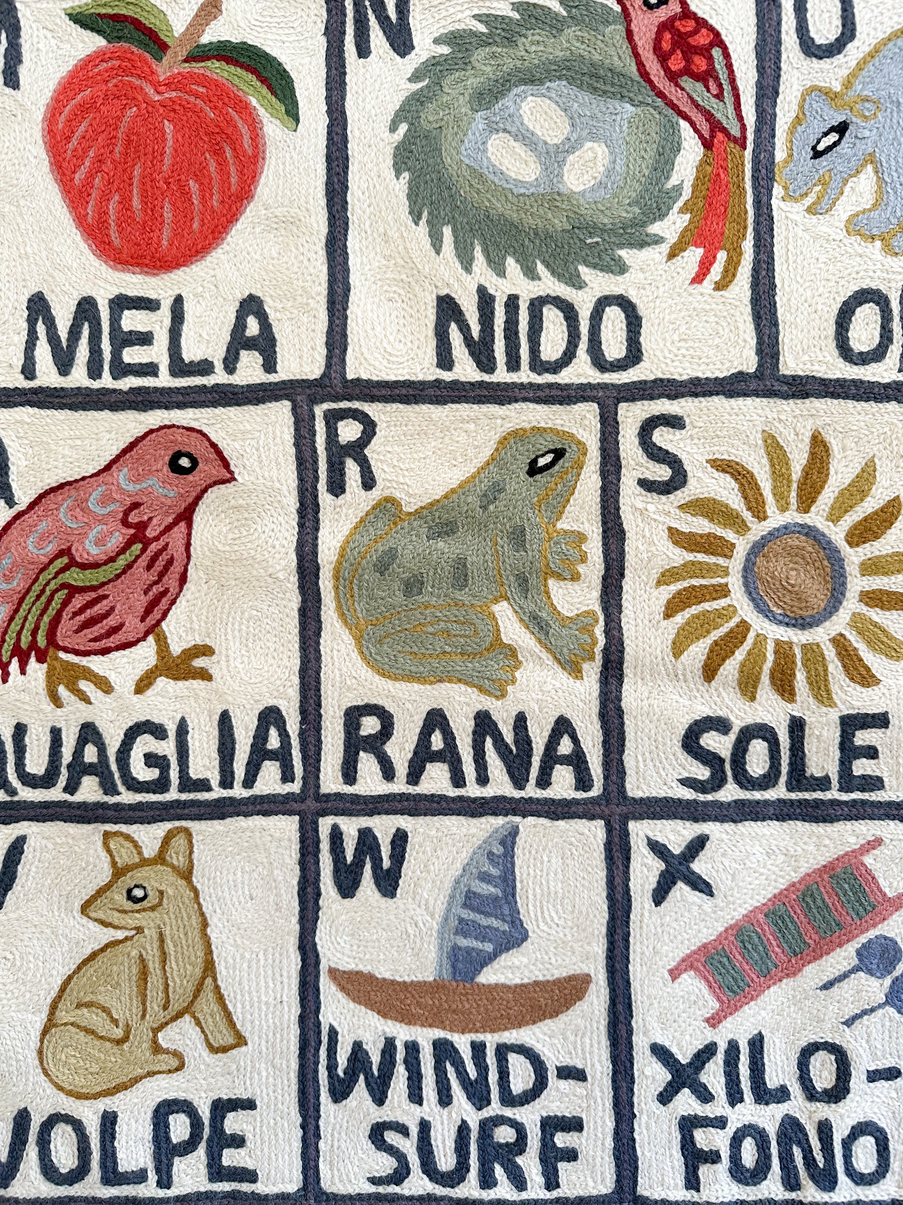Handmade Italian alphabet ABC (l'alfabeto italiano) crewel wall hanging tapestry | Sumbal - Moppet