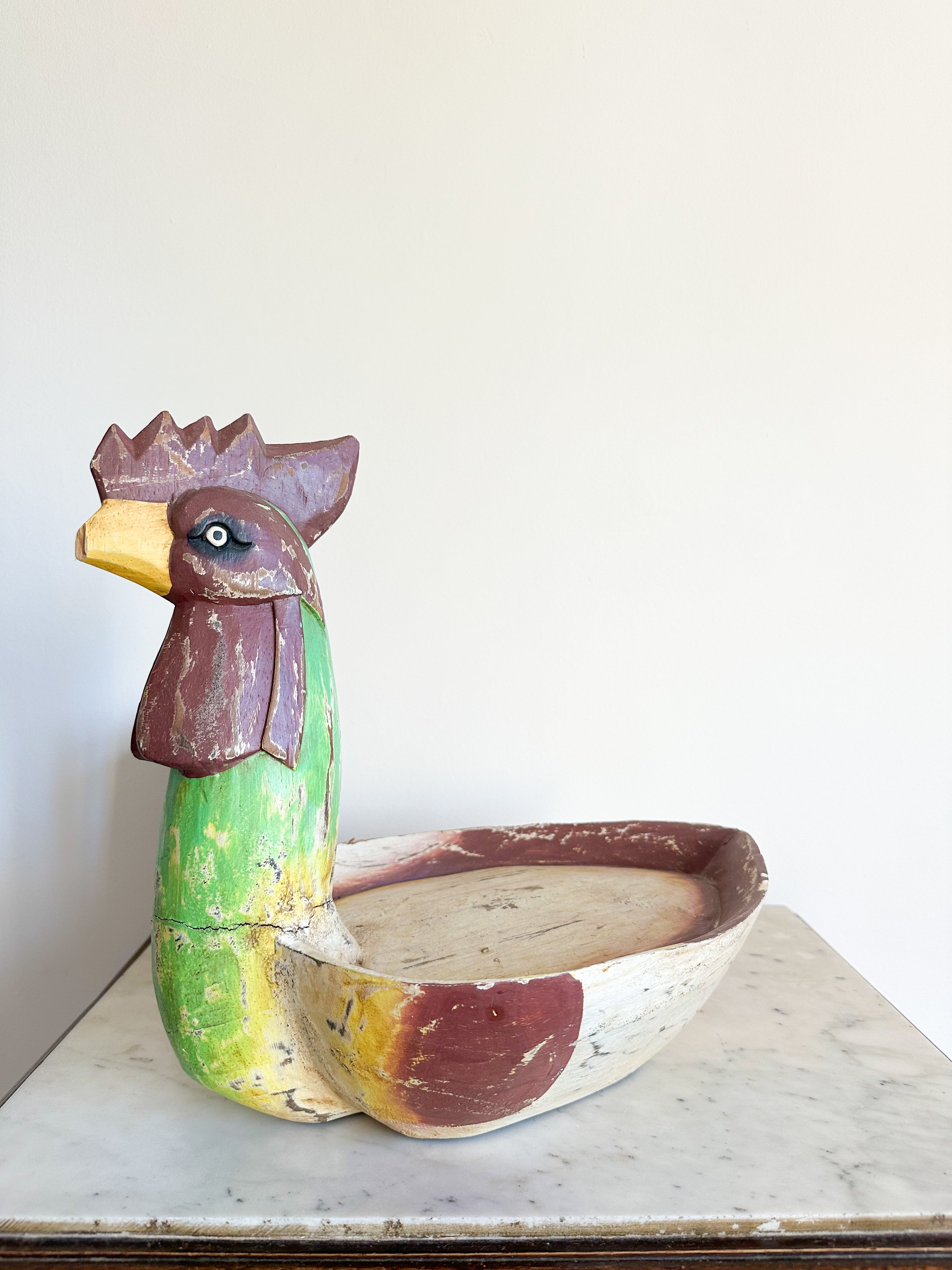 Large vintage hand-carved wooden cockerel/rooster/chicken bowl