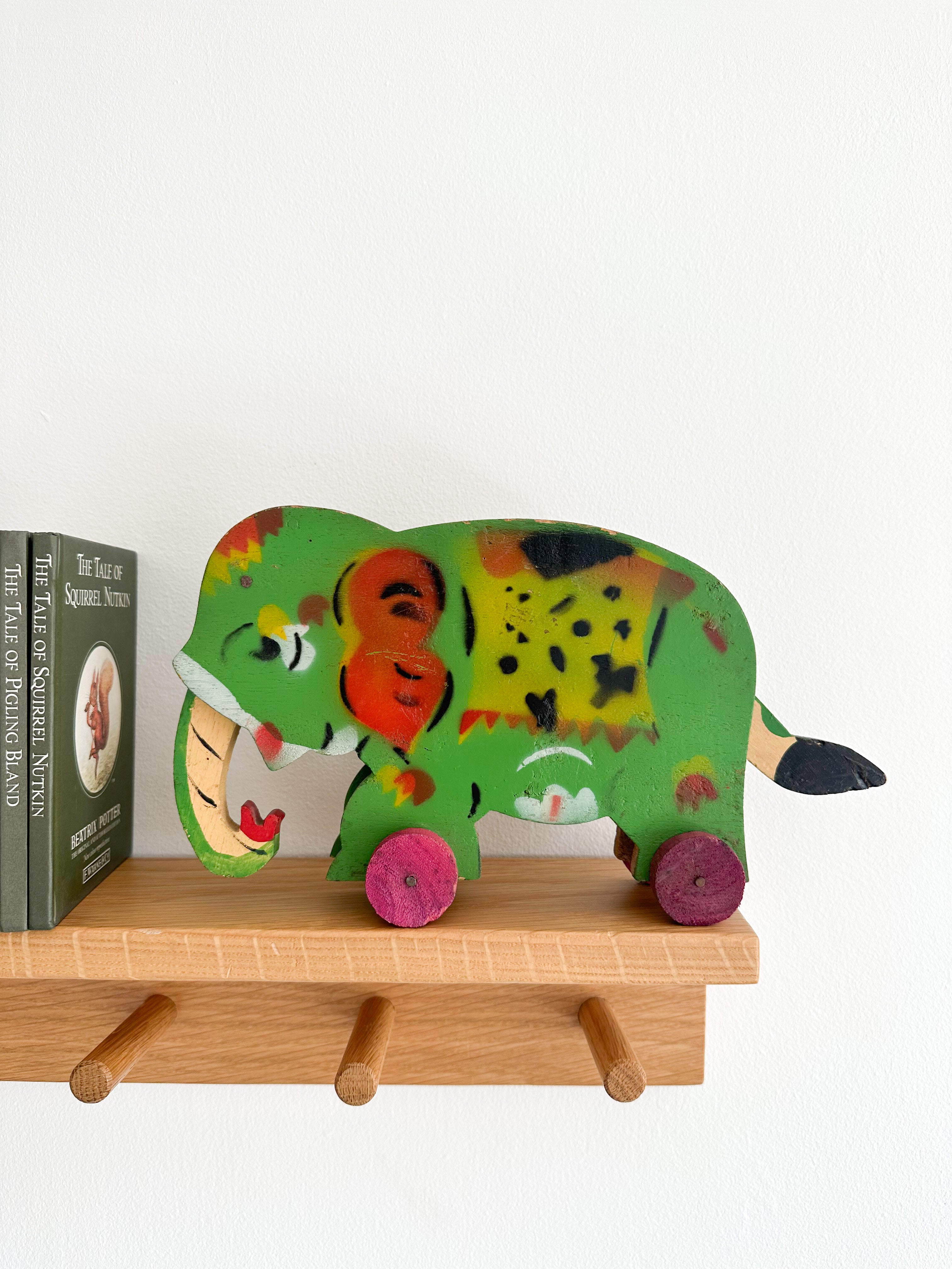 Vintage Indian wooden green handmade pull-along elephant on wheels - Moppet