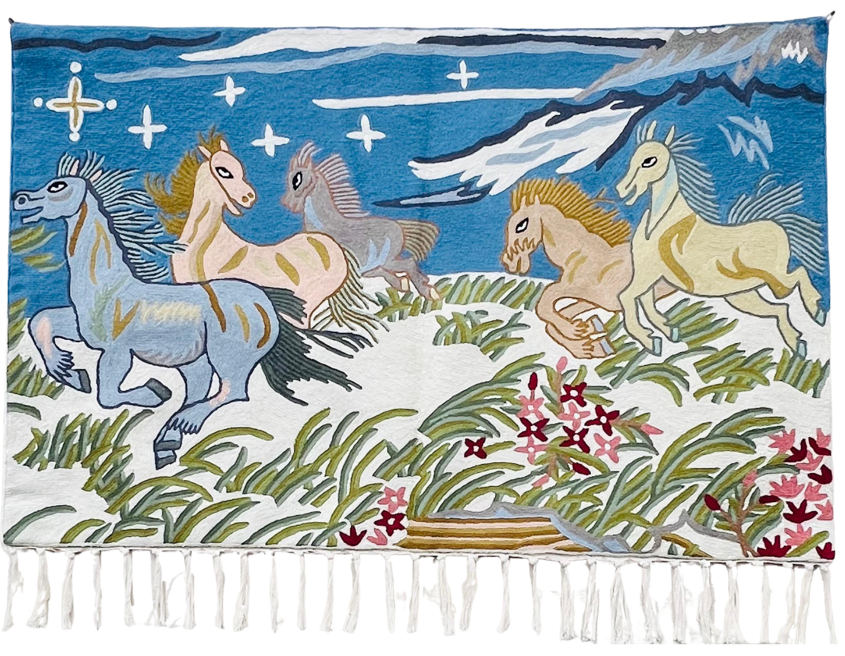 Handmade folk art Wild Horses crewel wall hanging tapestry | Takiya - Moppet