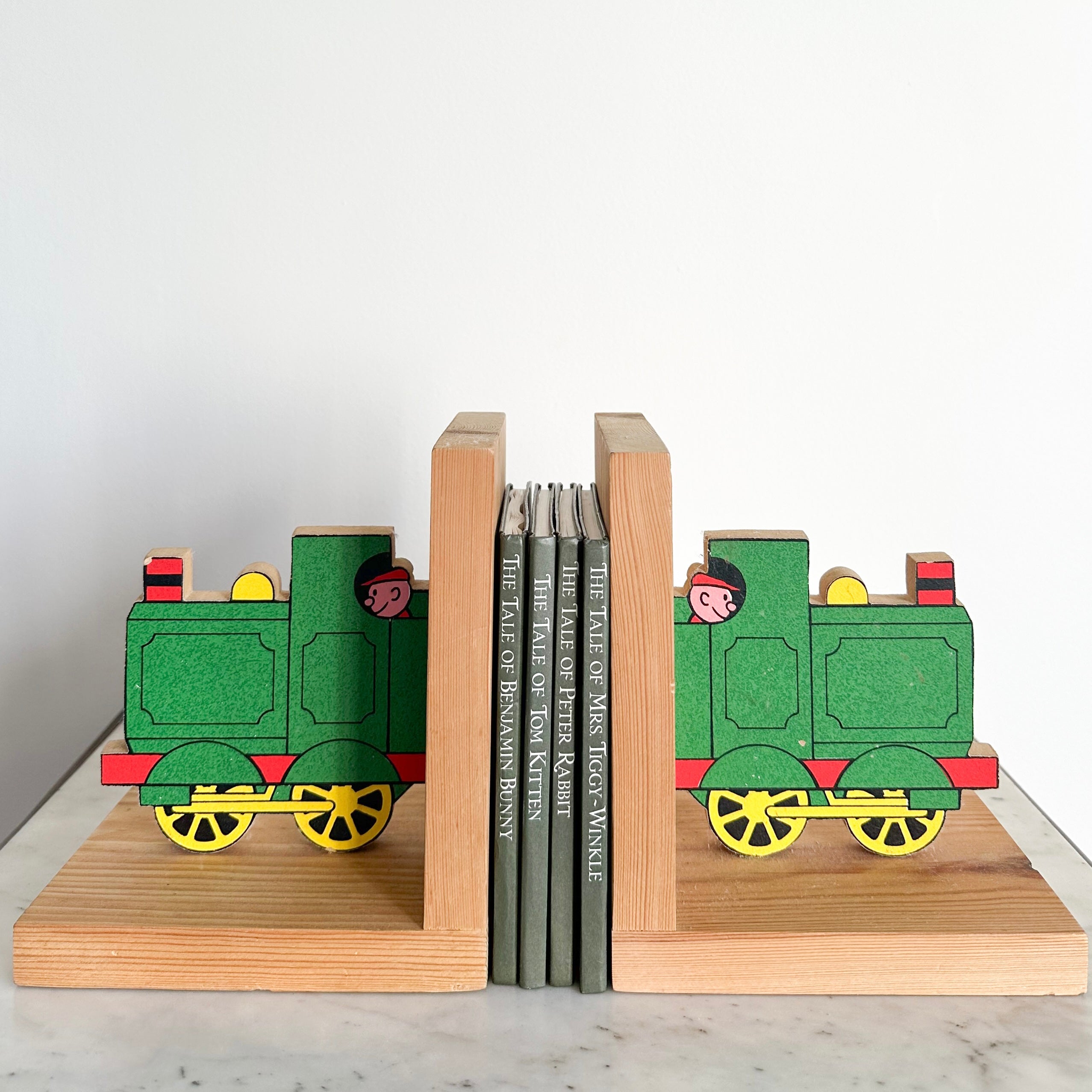 Pair of vintage handpainted wooden train bookends - Moppet