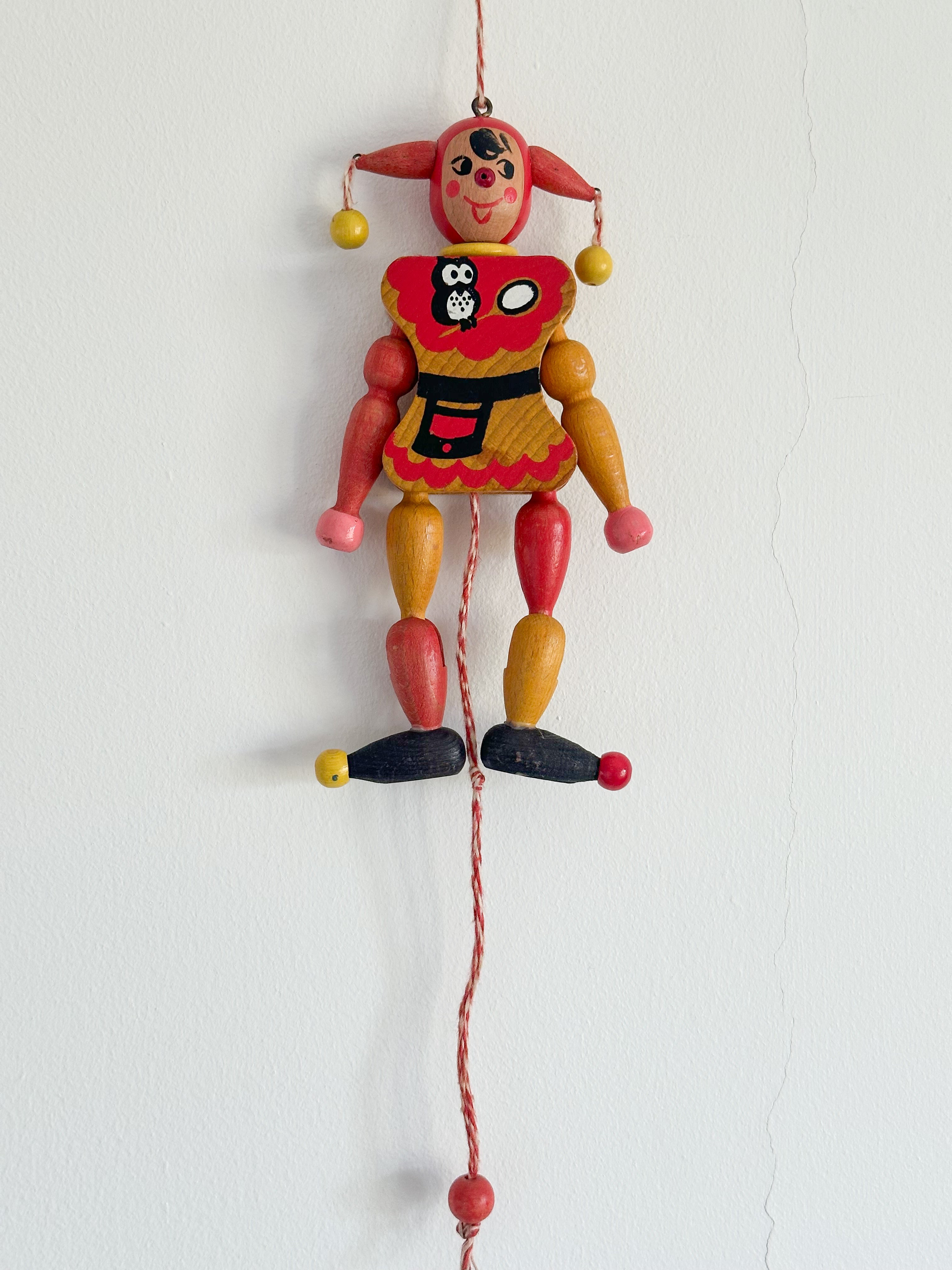 Vintage 1970 Austrian wooden jester jumping jack string puppet or 'hampelmann', by M. Gschnitzer