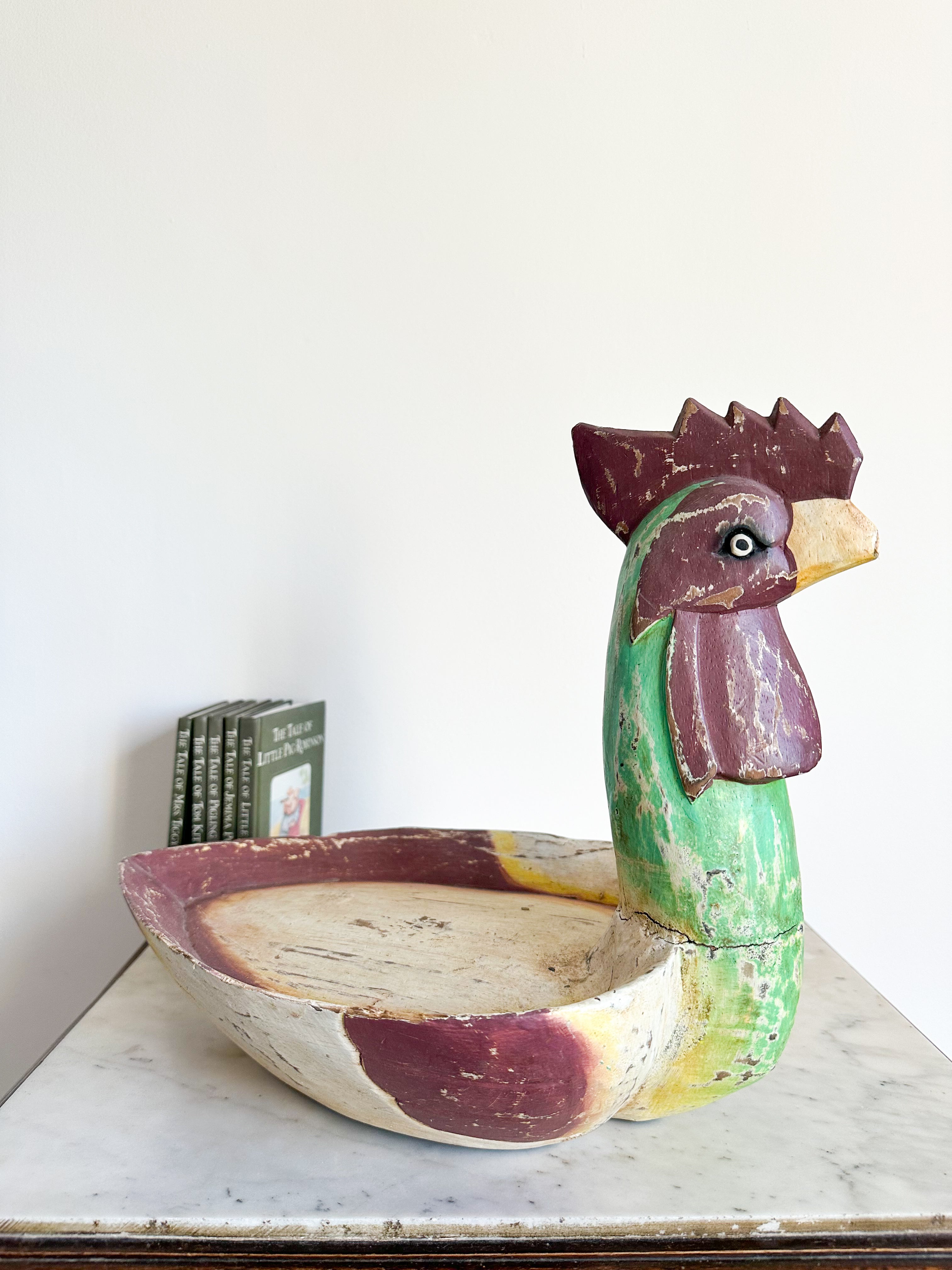 Large vintage hand-carved wooden cockerel/rooster/chicken bowl