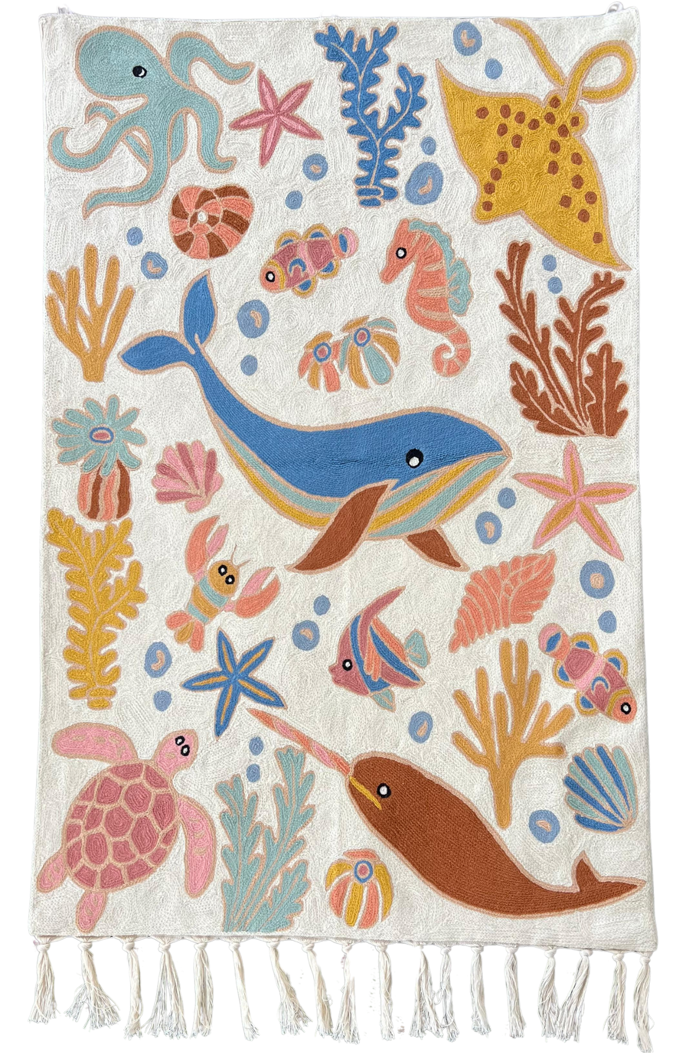 Handmade folk art Ocean crewel wall hanging tapestry | Aru - Moppet