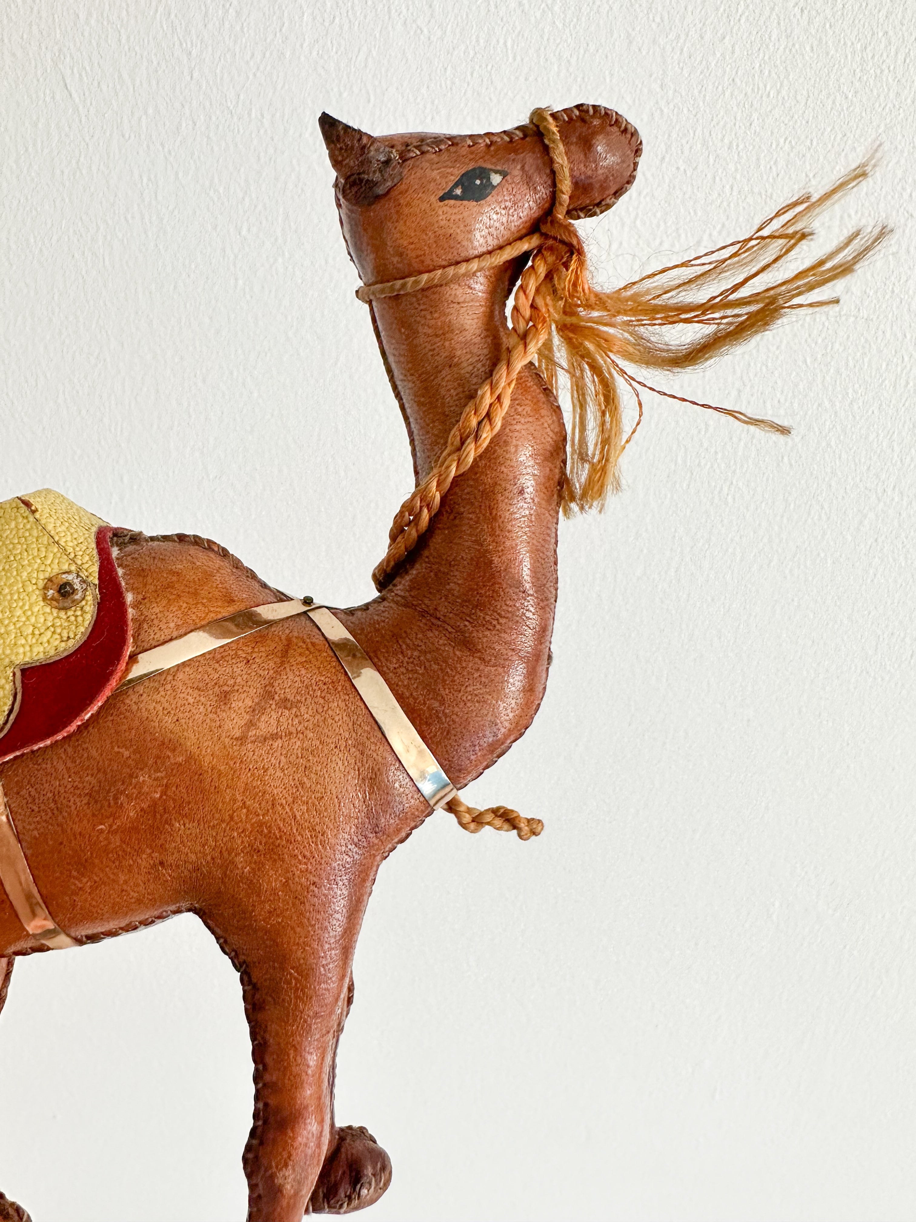 Vintage handmade leather-wrapped wooden camel figurine - Moppet