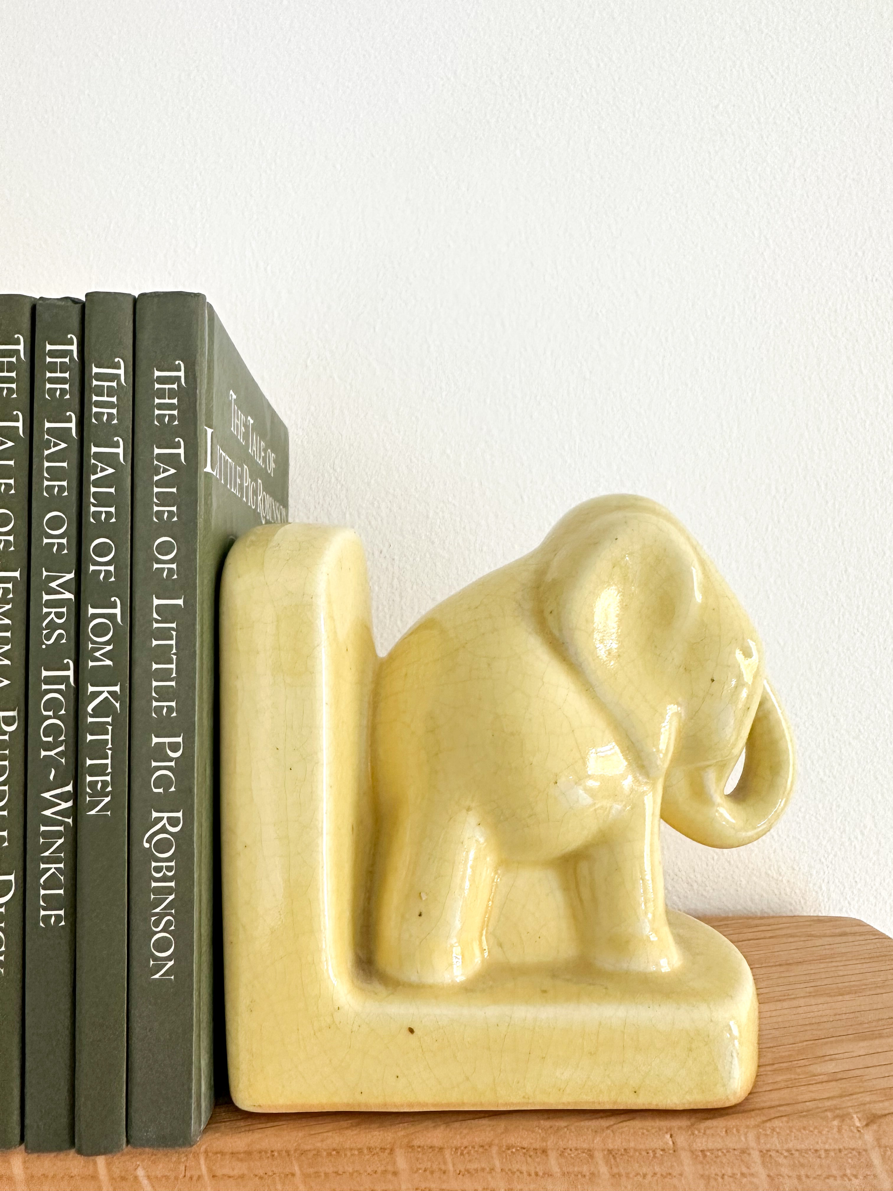Pair of rare antique Art Deco French Cubist ceramic craquelé yellow elephant bookends c.1920-30s - Moppet
