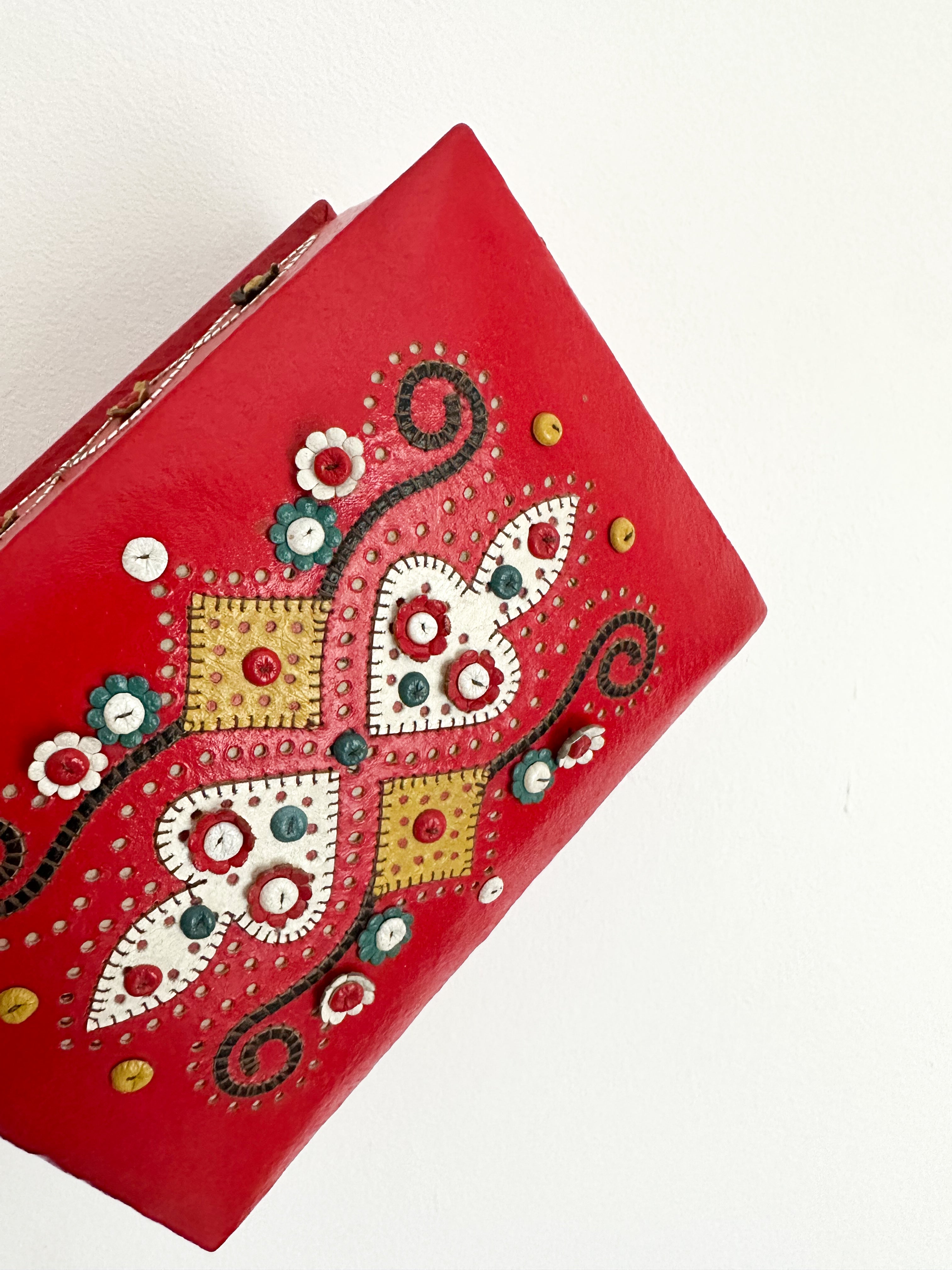 Vintage 1980s red leather embroidered jewellery/treasure box - Moppet