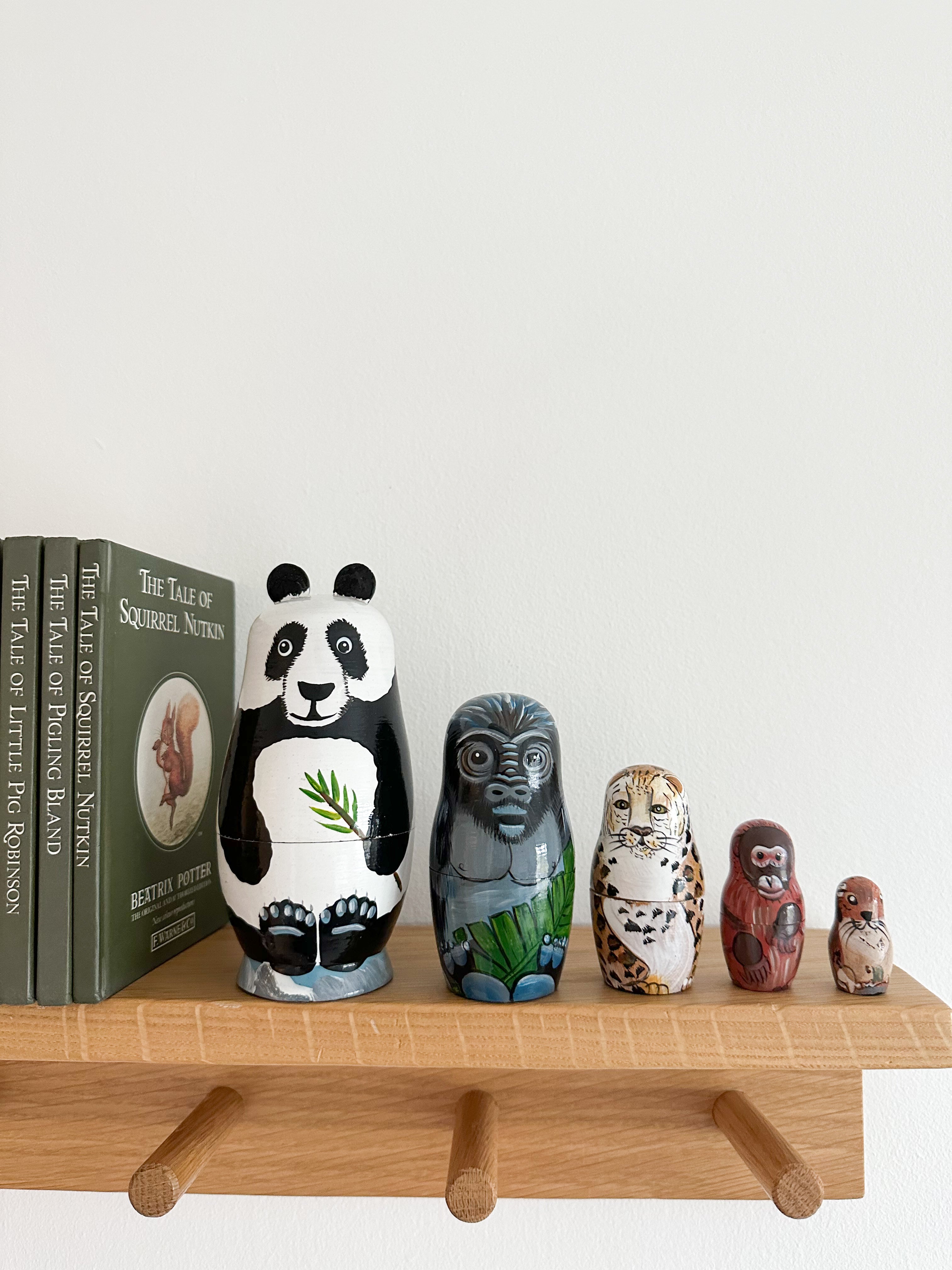 Vintage wooden nesting animal ‘Russian’ dolls: panda, gorilla, jaguar/leopard, orangutan, beaver - Moppet