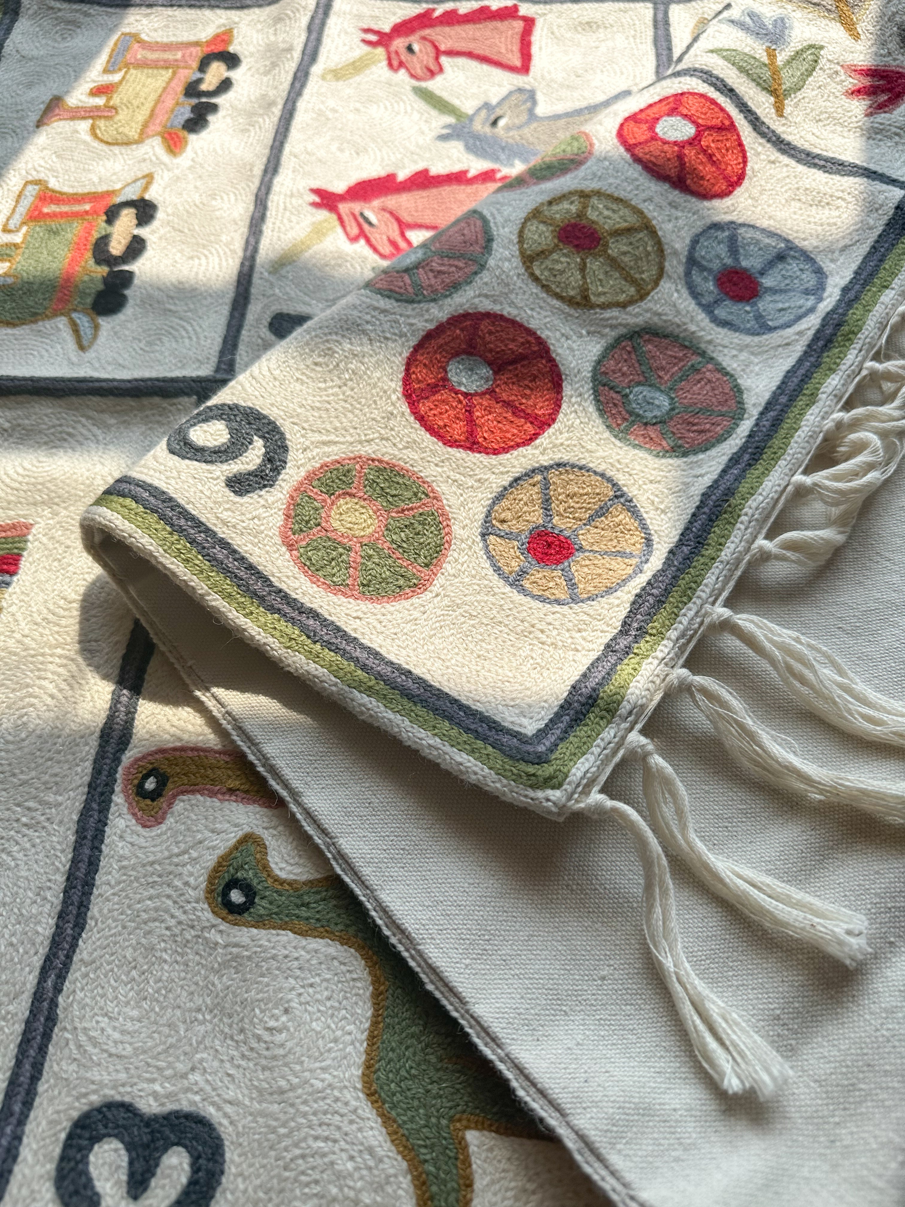 Handmade numbers 123 crewel wall hanging tapestry (feat. dinosaurs, unicorns, flowers, cars, trains and rainbows) | Sumbal - Moppet