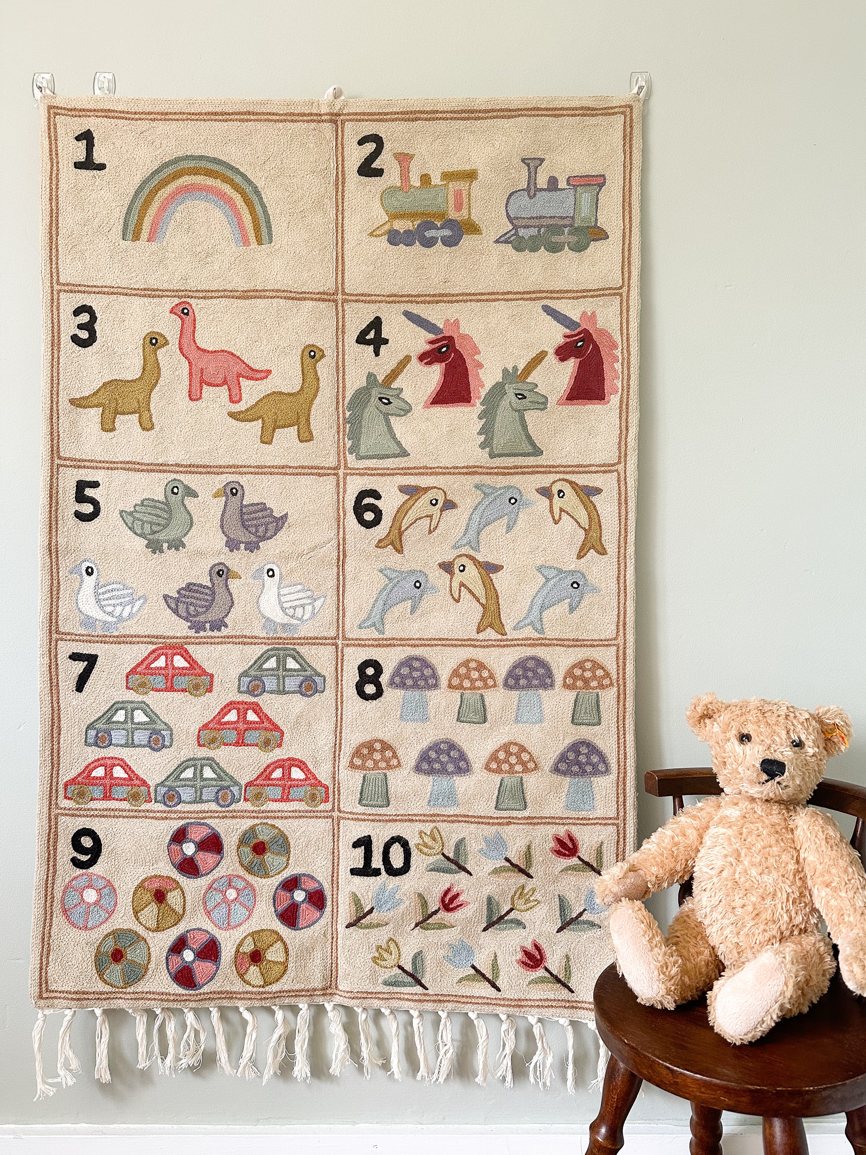 Handmade numbers 123 crewel wall hanging tapestry (feat. dinosaurs, unicorns, flowers, cars, trains and rainbows) | Suru - Moppet