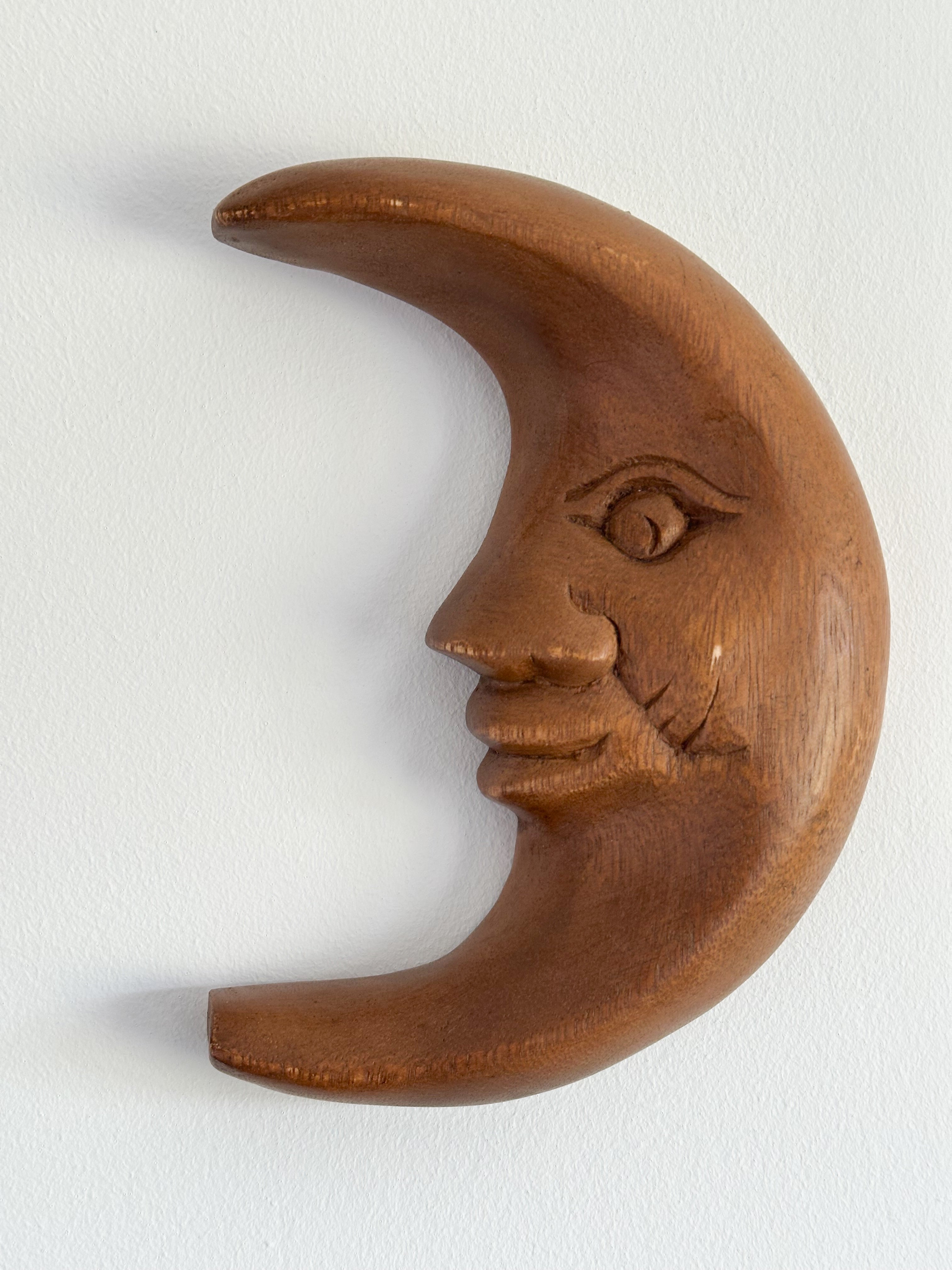 Vintage wooden hand-carved wall hanging smiling crescent moon