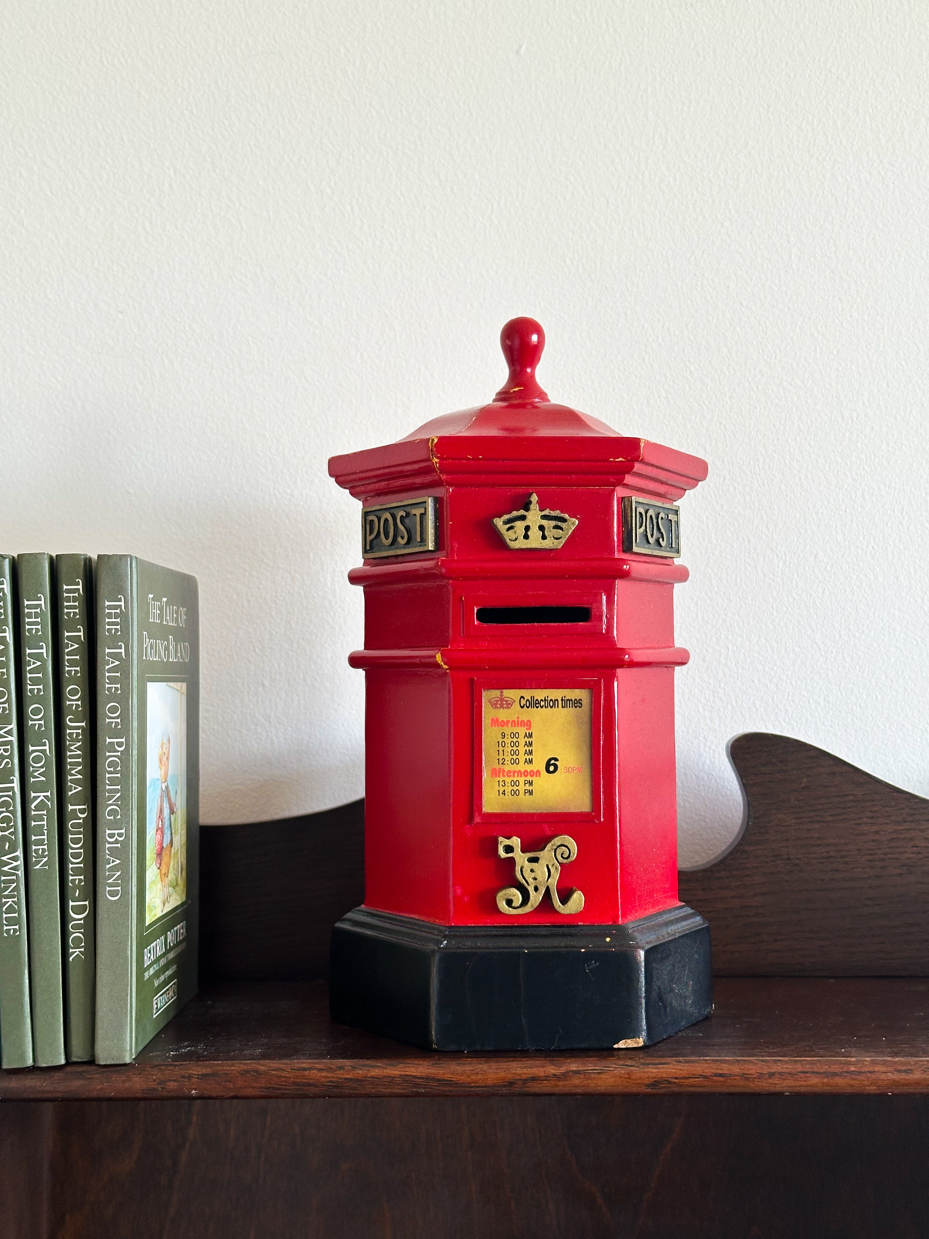 Vintage wooden hexagonal ‘Penfold’ red post box money box