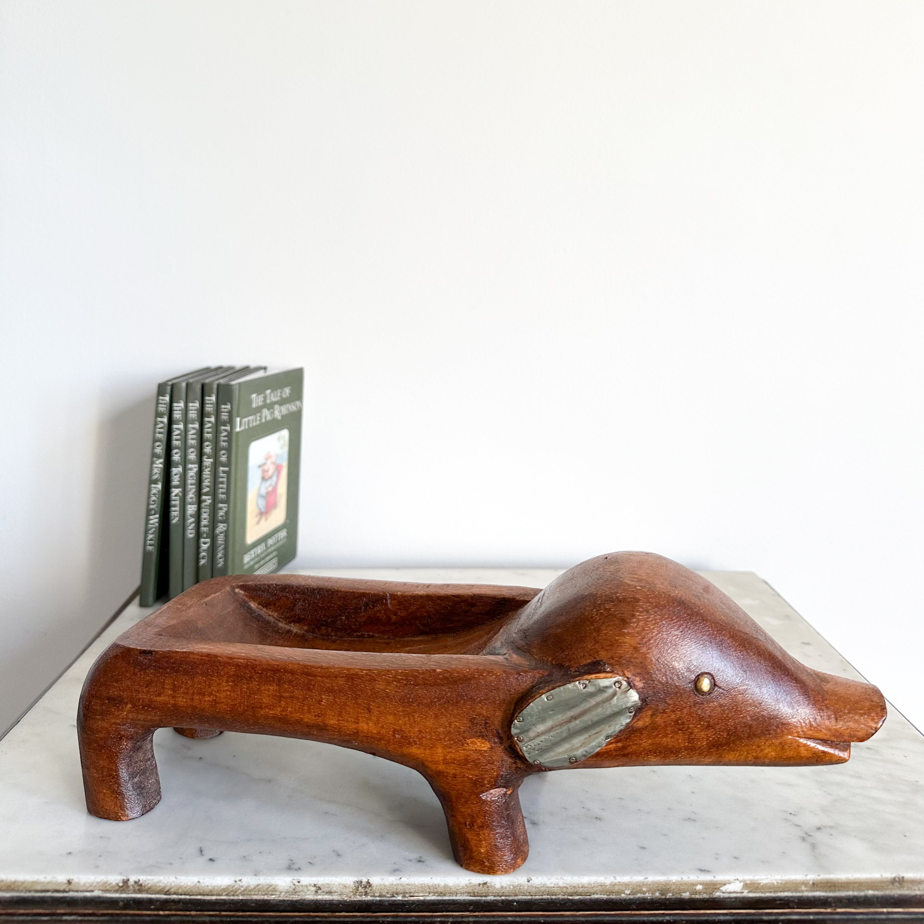 Vintage hand-carved folk art wooden pig bowl