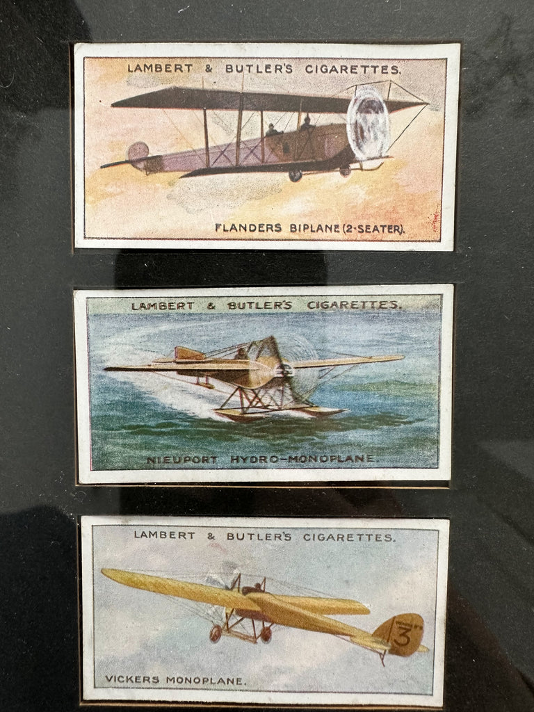 Framed 1932 collection of vintage collectable aeroplane/airplane cigarette cards, from Lambert & Butler’s ‘Aviation’ series - Moppet