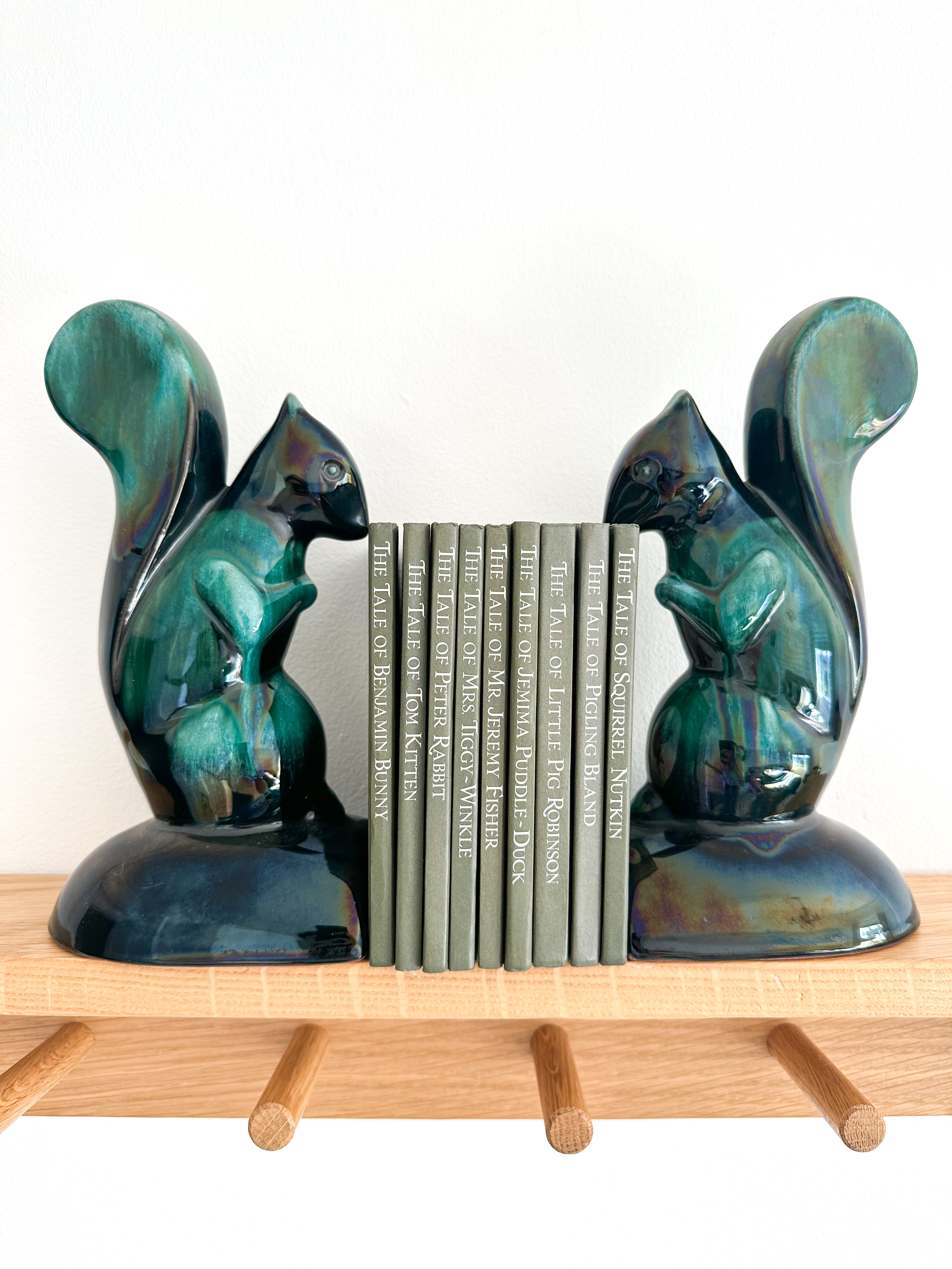 Pair of rare antique Art Deco ceramic green squirrel bookends - Moppet