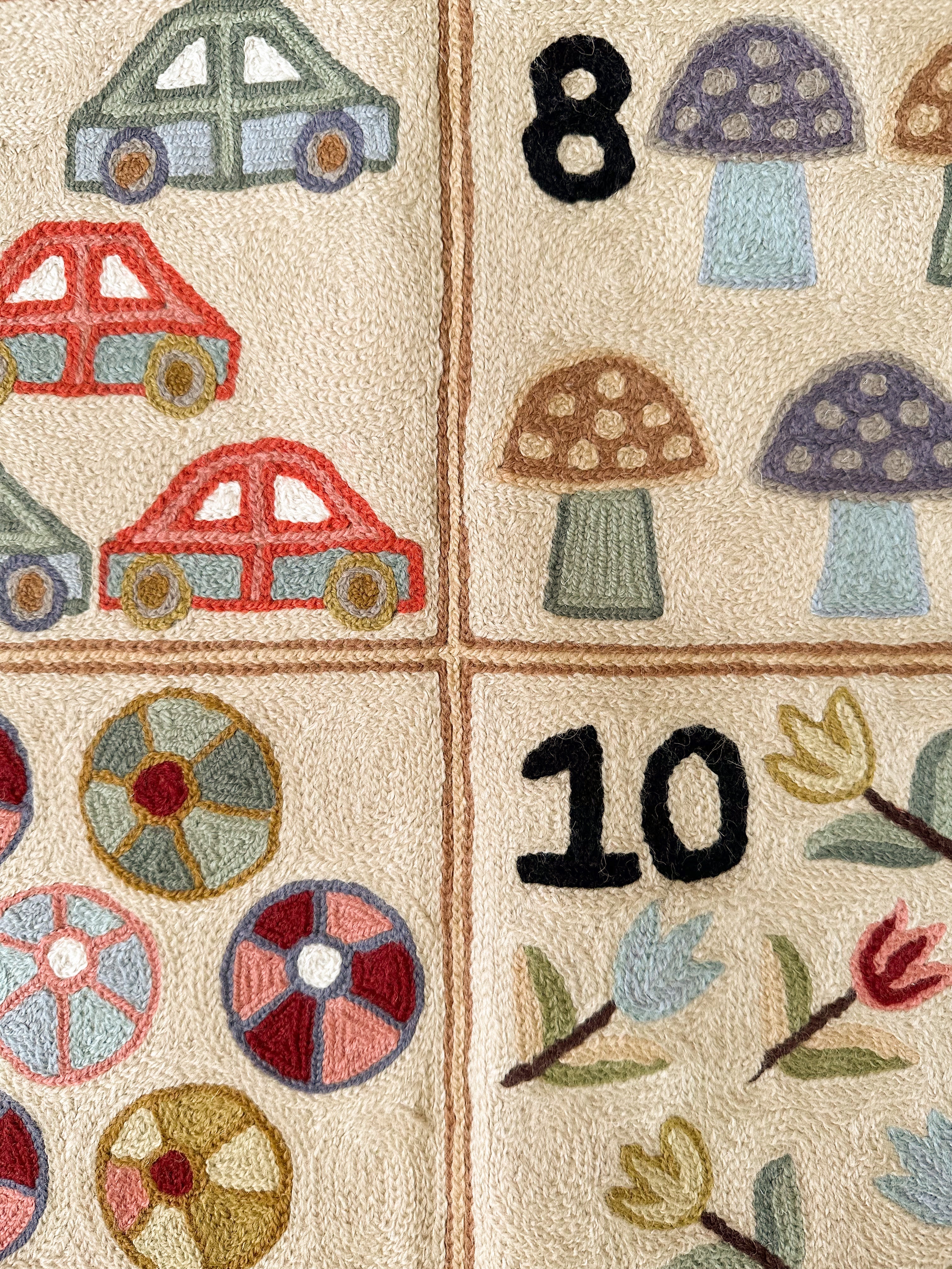Handmade numbers 123 crewel wall hanging tapestry (feat. dinosaurs, unicorns, flowers, cars, trains and rainbows) | Suru - Moppet