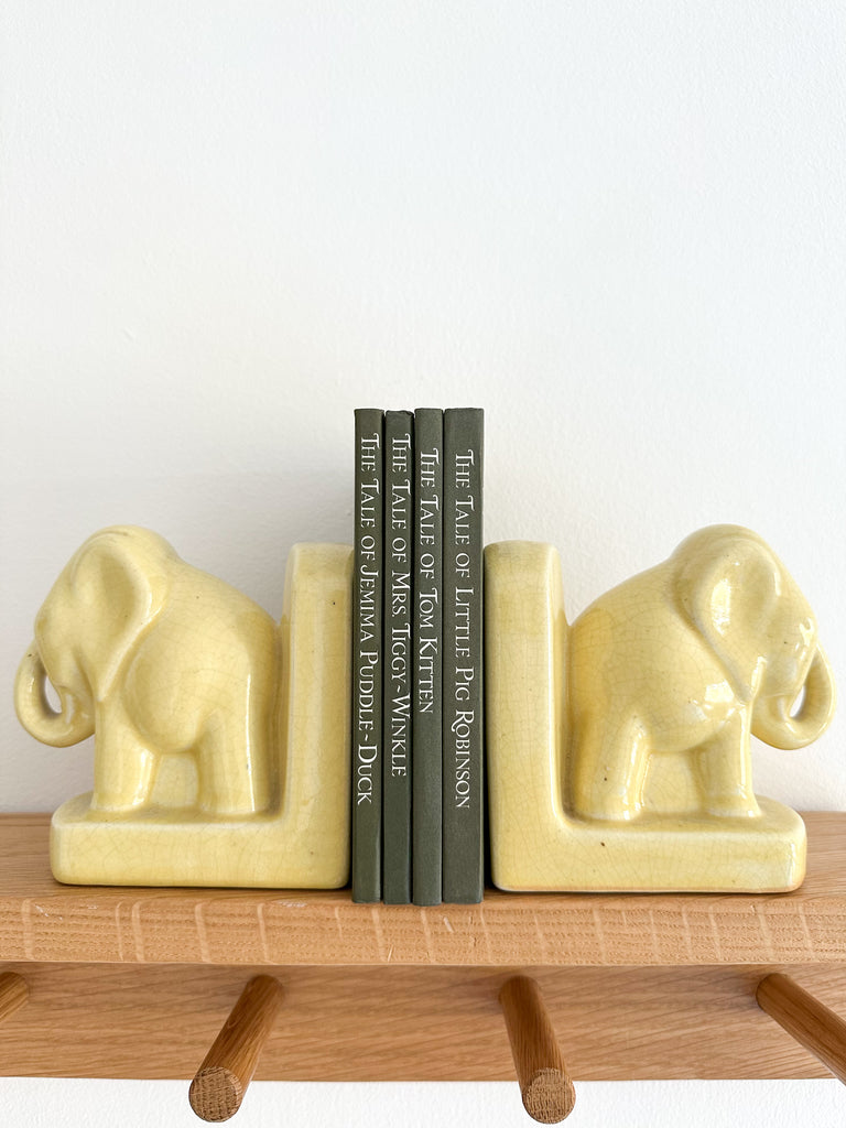 Pair of rare antique Art Deco French Cubist ceramic craquelé yellow elephant bookends c.1920-30s - Moppet