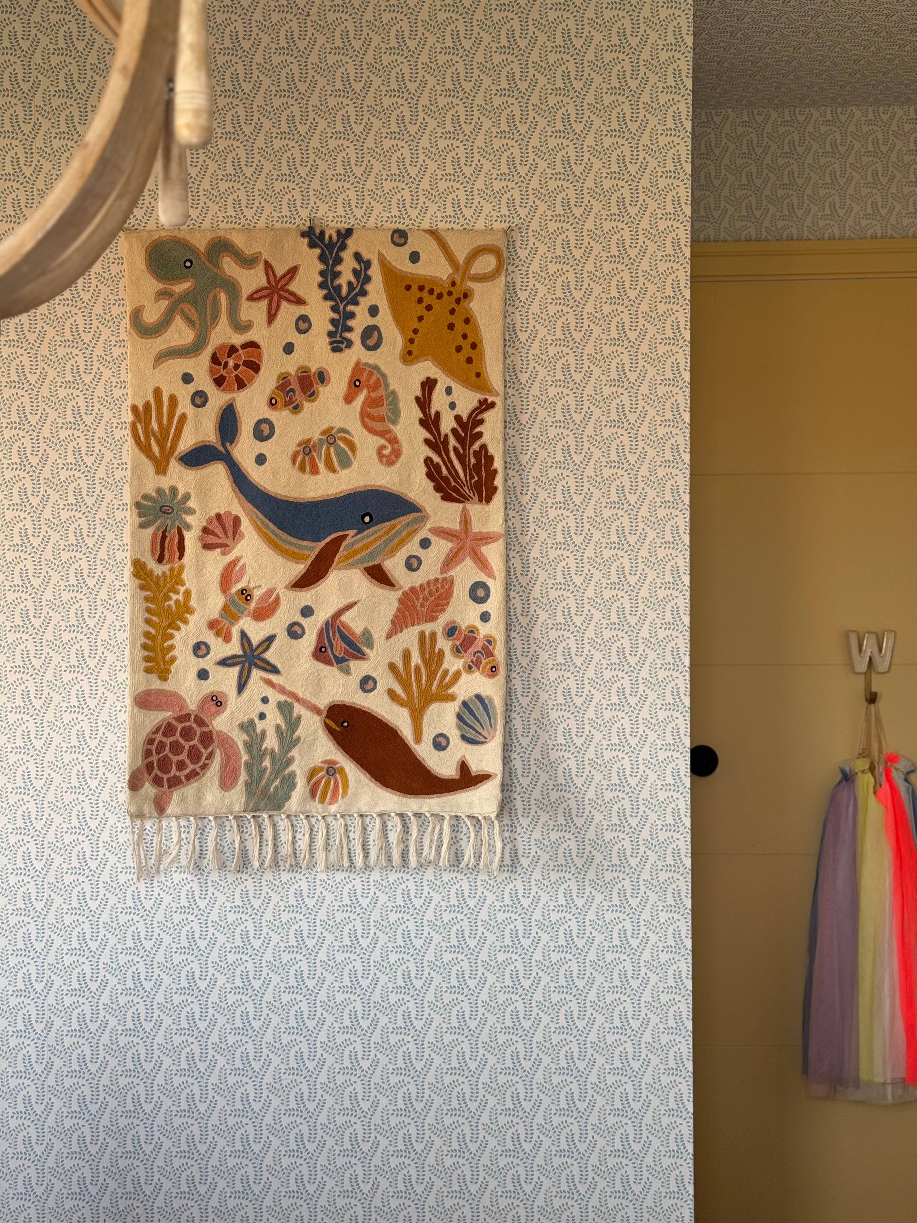 Handmade folk art Ocean crewel wall hanging tapestry | Aru - Moppet