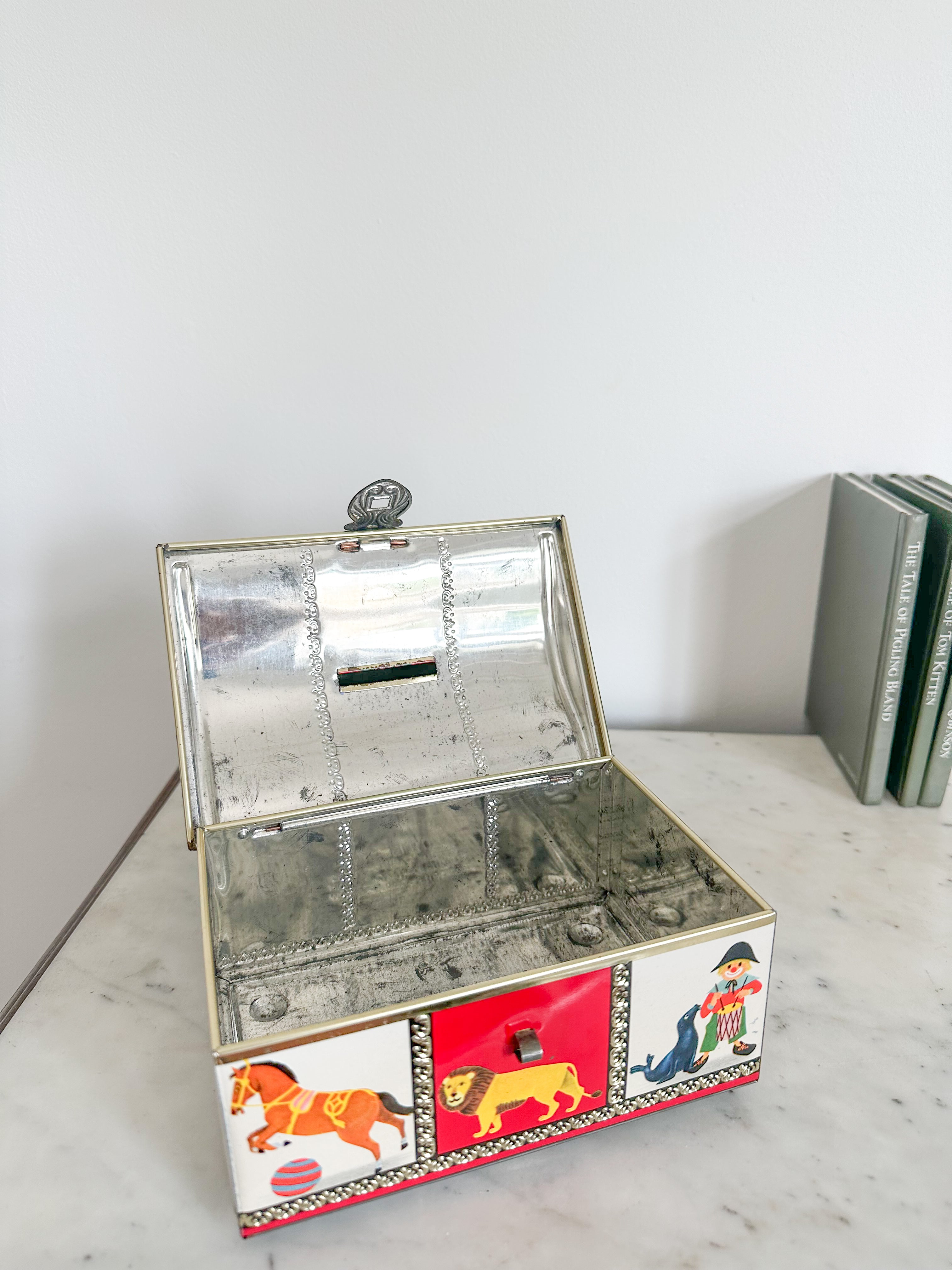 Vintage 1950s circus treasure chest tin money box / piggy bank by Bluebird Toffee - Moppet