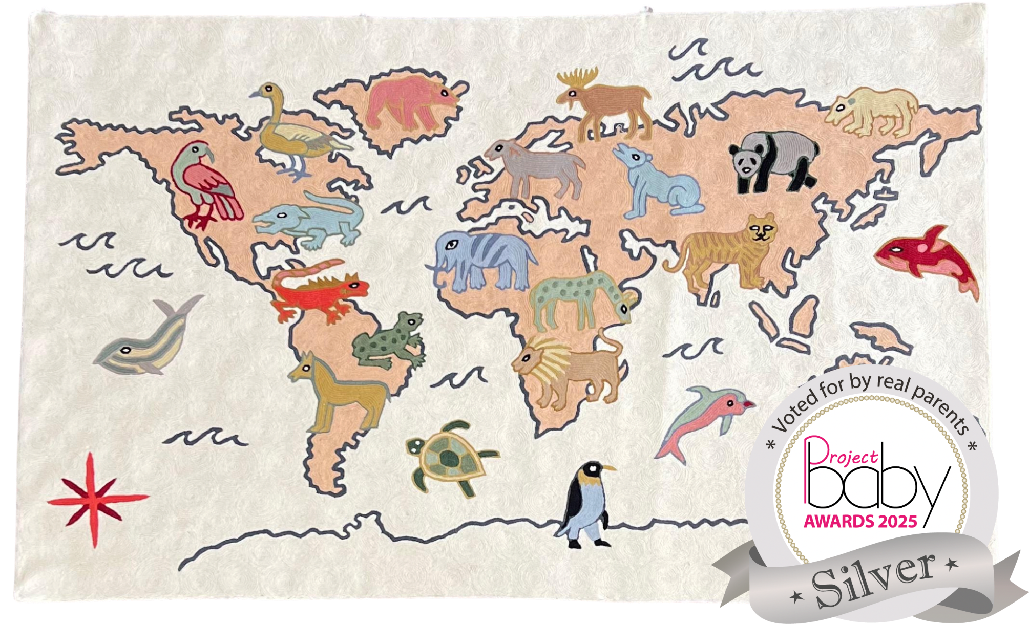Handmade folk art World Map crewel kids’ wall hanging tapestry | Sumbal - Moppet
