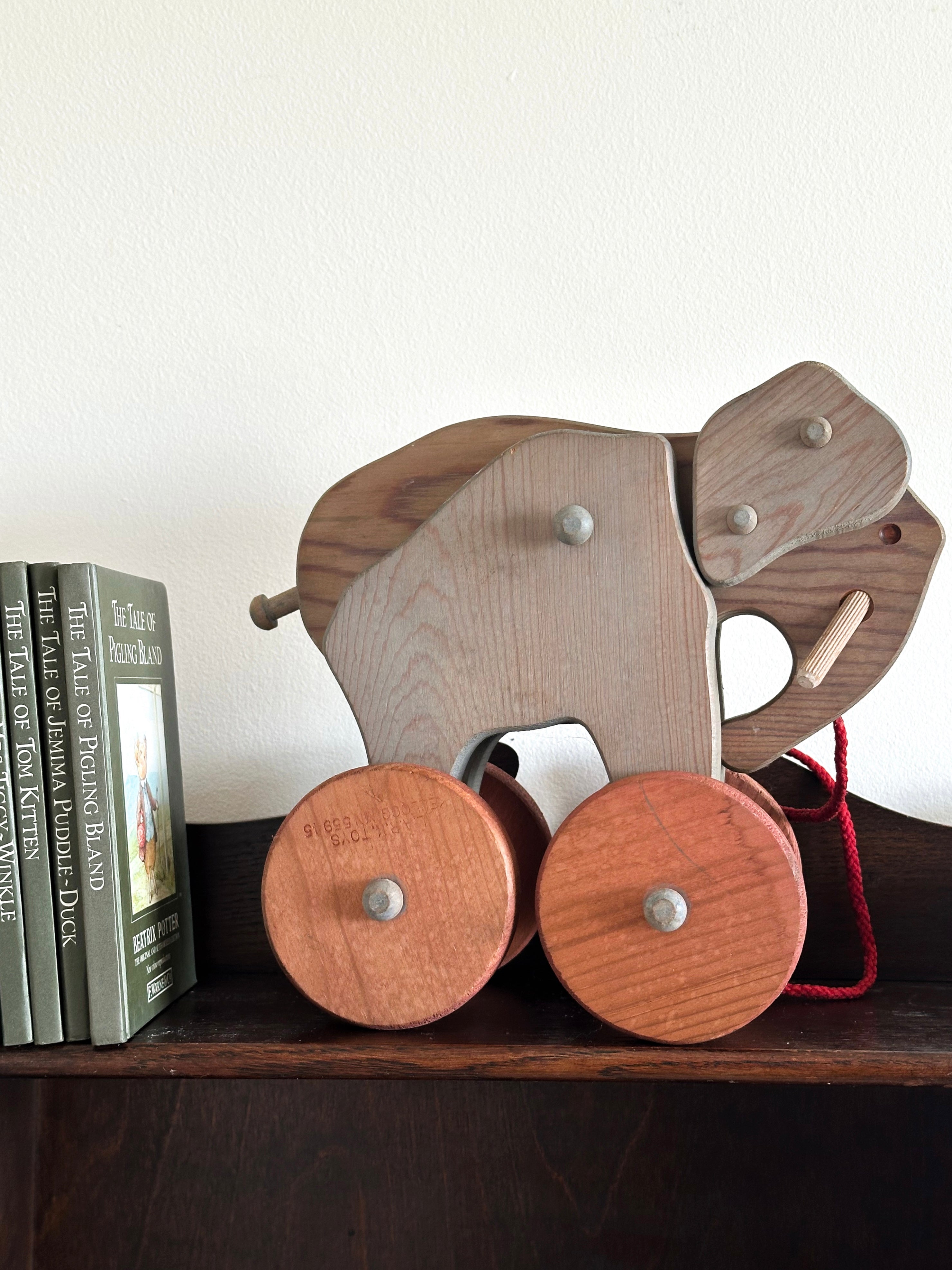Vintage 1970s wooden handmade pull-along elephant