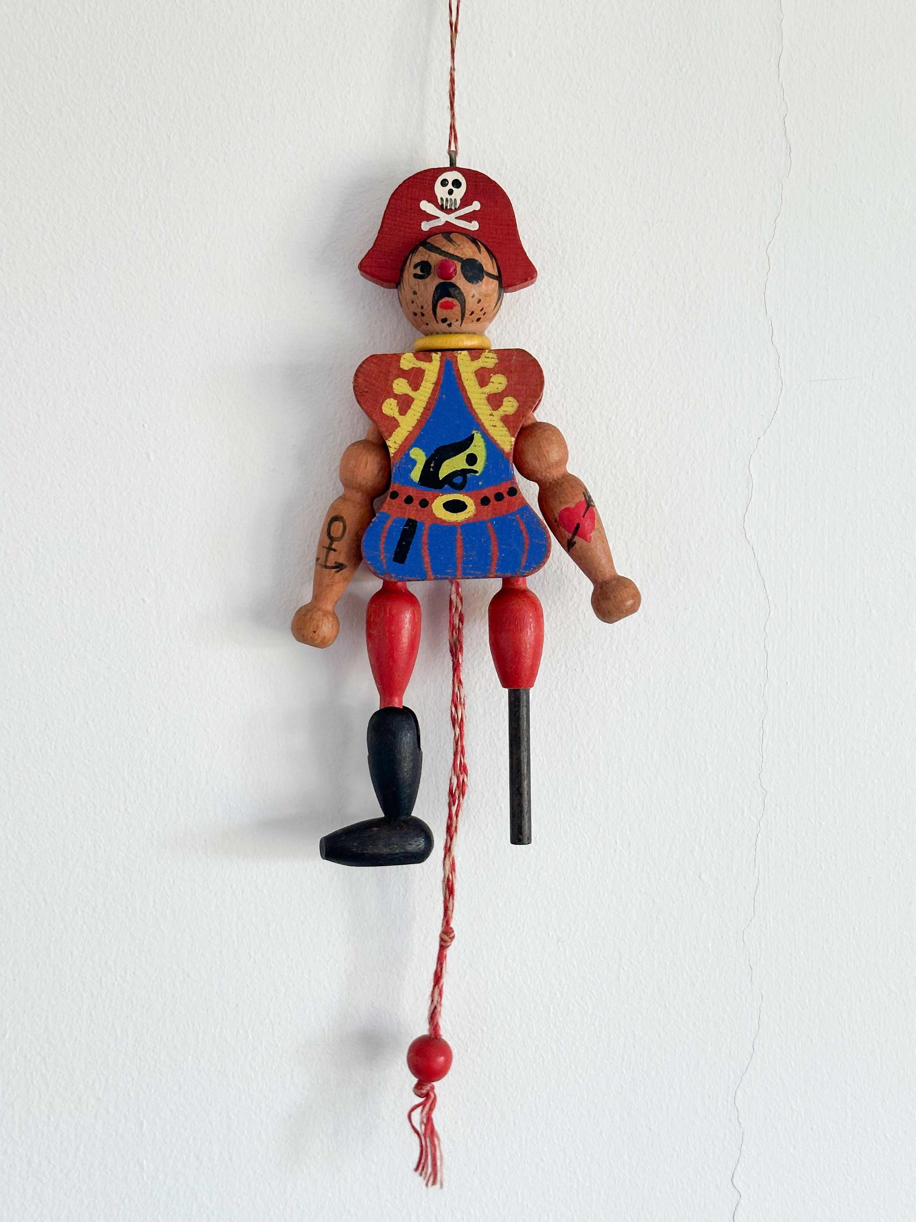 Vintage 1970 rate Austrian wooden pirate jumping jack string puppet or 'hampelmann', by M. Gschnitzer