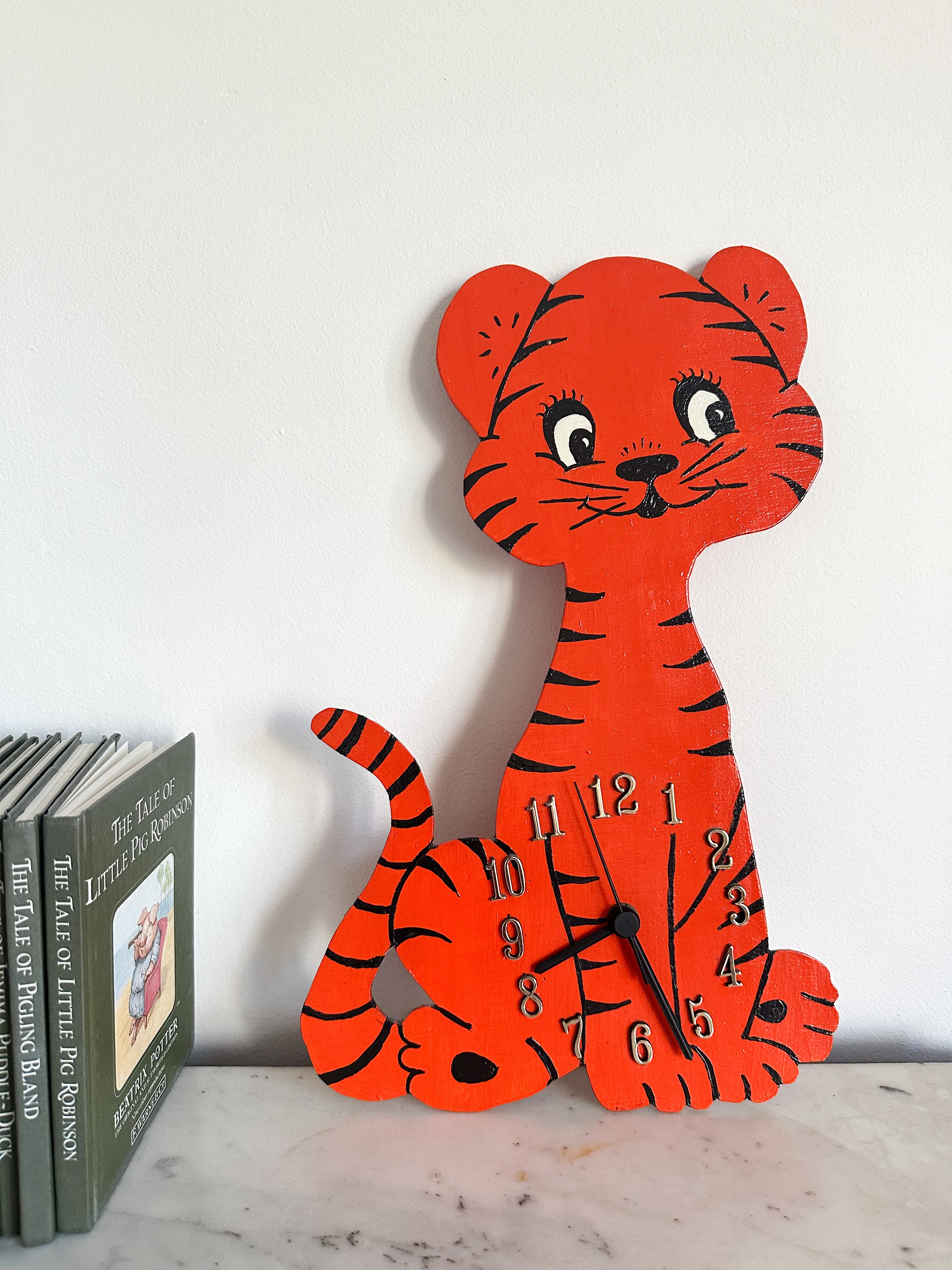 Vintage handmade wooden children's tiger wall clock
