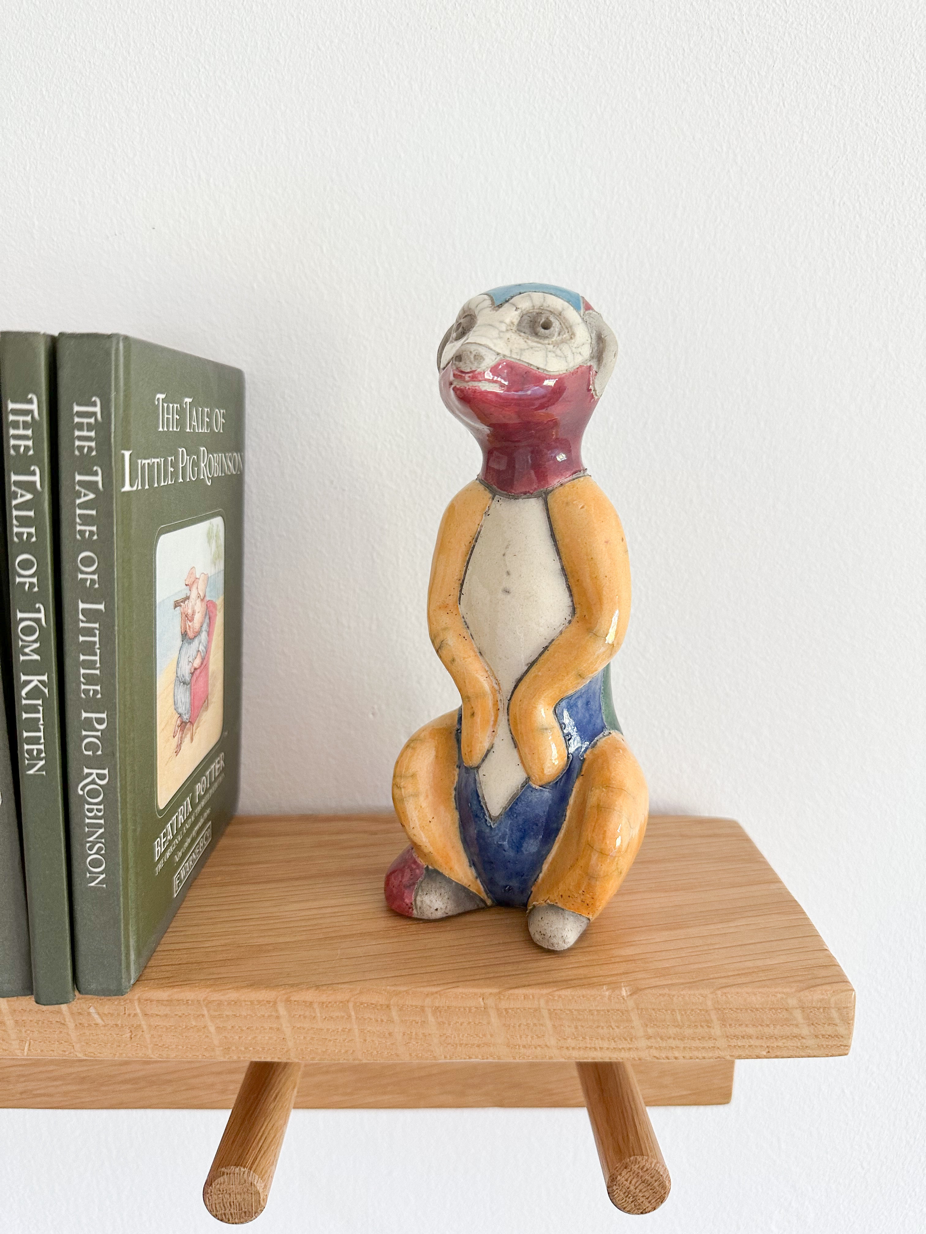Vintage 1980s South African raku ceramic meerkat, artist signed - Moppet