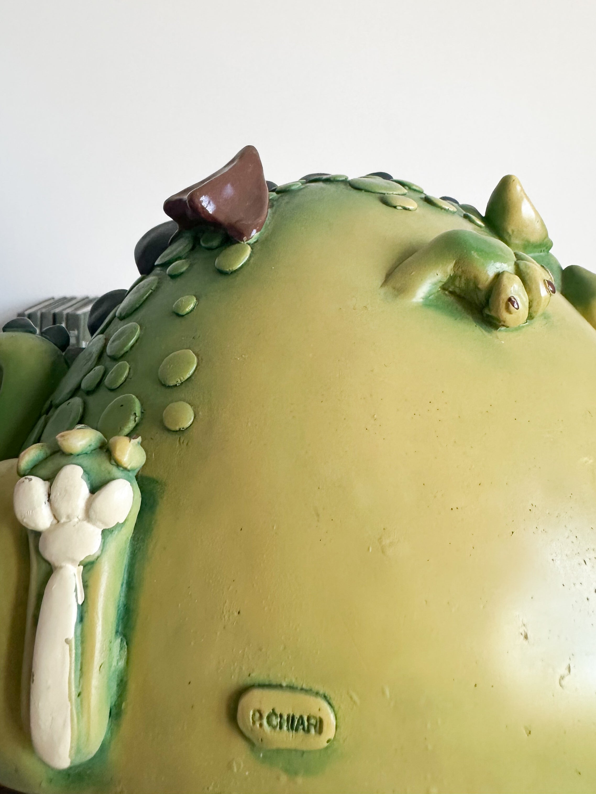 Vintage Italian 1970s ceramic green dragon piggy bank or money box, by Paulo Chiari