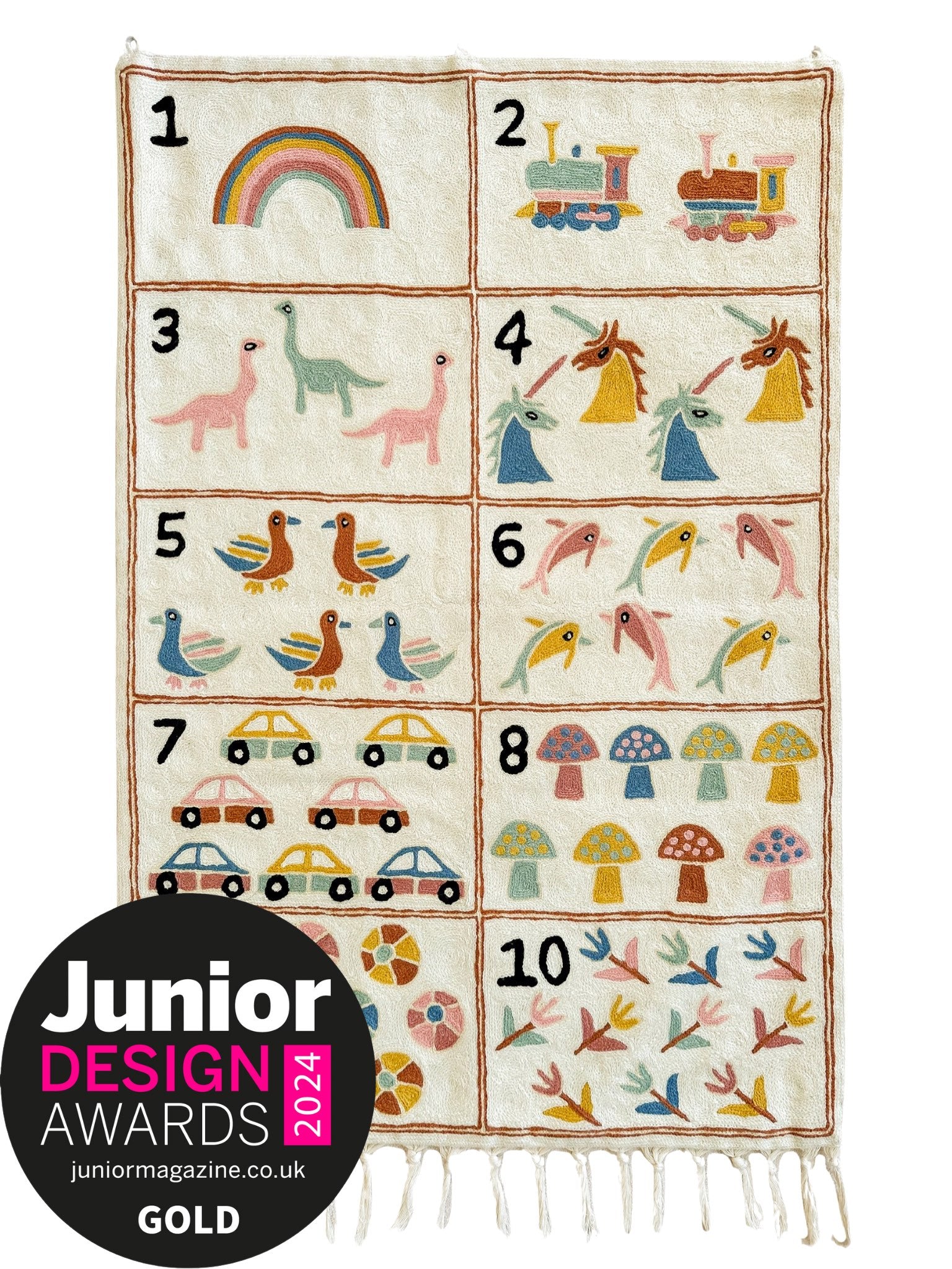 Handmade numbers 123 crewel wall hanging tapestry (feat. dinosaurs, unicorns, flowers, cars, trains and rainbows) | Aru