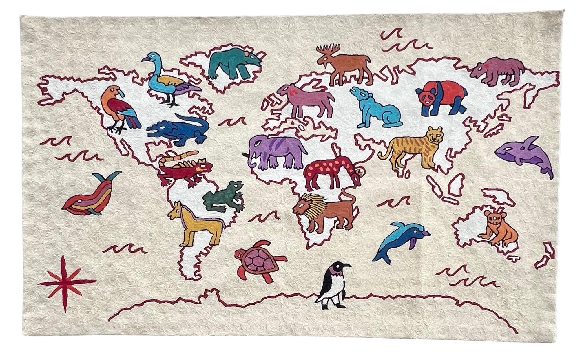 Handmade folk art World Map crewel kids’ wall hanging tapestry | Nishat - Moppet