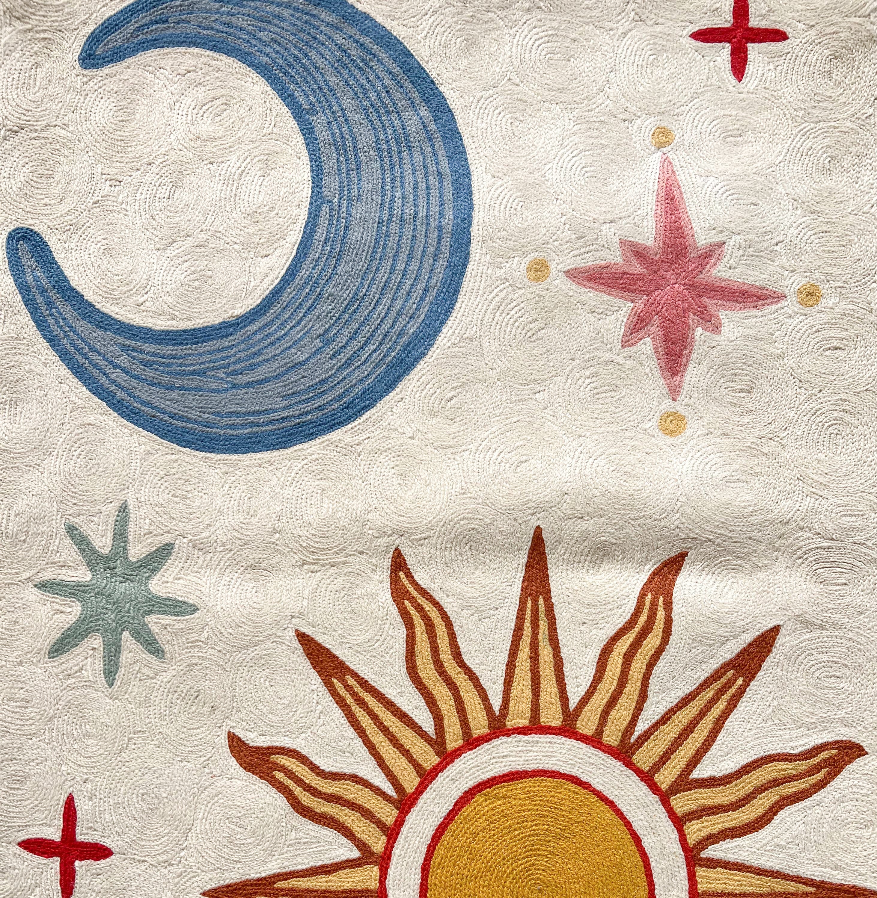 Handmade folk art Celestial Sphere (Sun & Moon) crewel wall hanging tapestry | Aru | PREORDER - Moppet